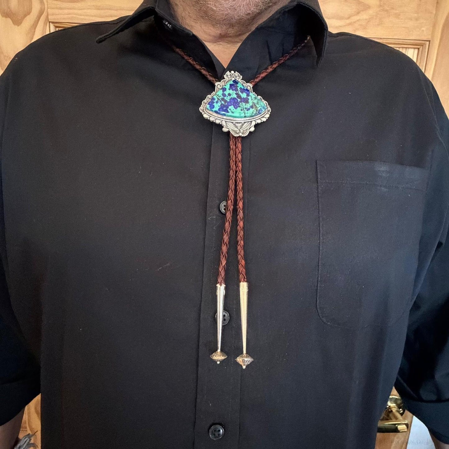 Sterling Silver Southwestern Style Large Triangle Malachite Azurite Bolo Tie For Men