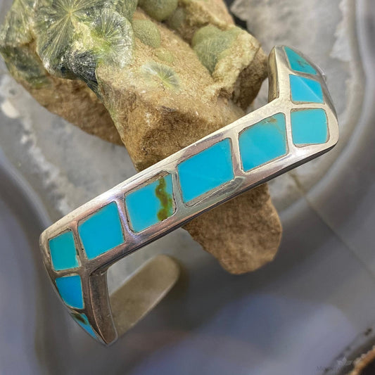 Vintage Native American Silver Turquoise Inlay Heavy Gauge Bracelet For Women