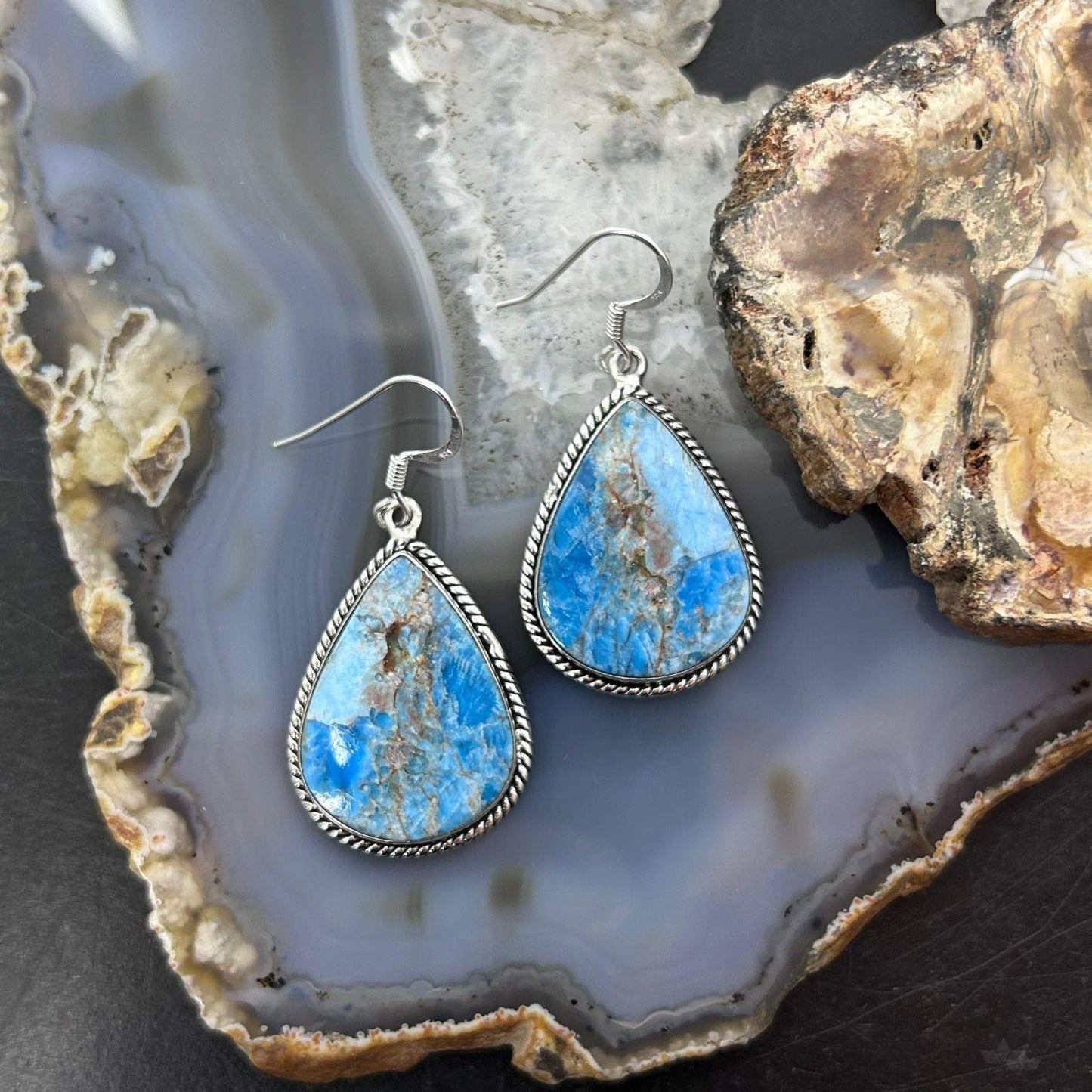 Sterling Silver Southwestern Style Blue Apatite Dangle Earrings For Women #2