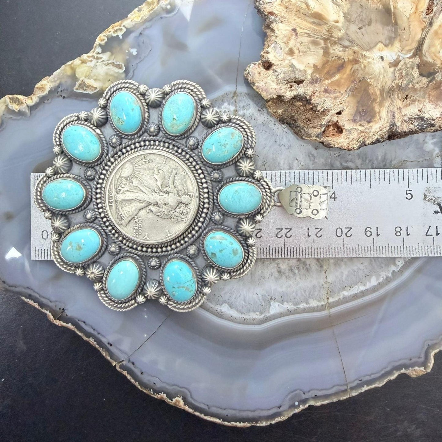Genuine 1941 90% Silver Walking Liberty Half Dollar Coin w/Turquoise Unisex Pendant