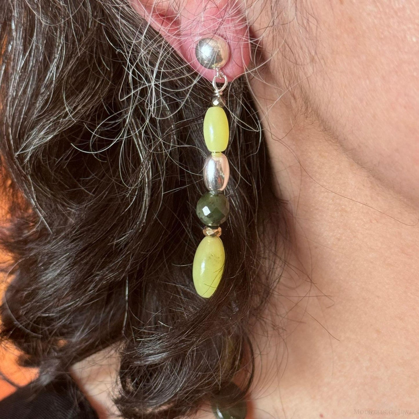 Carolyn Pollack Sterling Silver Serpentine/Prehnite Bead Necklace 21"-24" & Dangle Earrings Set