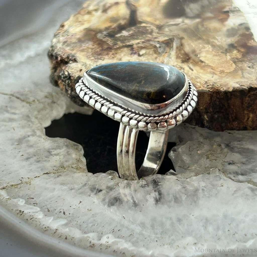 Sterling Silver Southwestern Style Teardrop Chrysocolla Decorated Ring Size 7.25 For Women