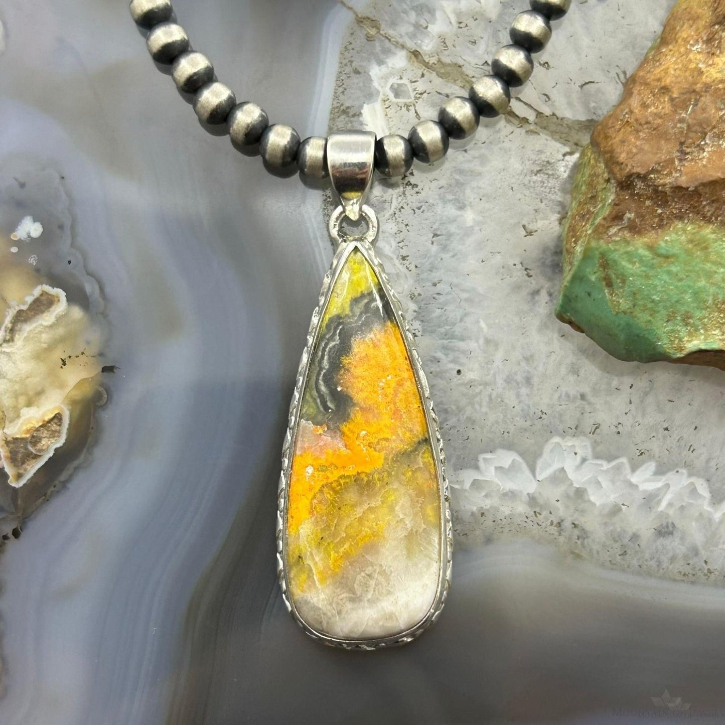 Sterling Silver Southwestern Style Teardrop Bumblebee Jasper Decorated Pendant For Women