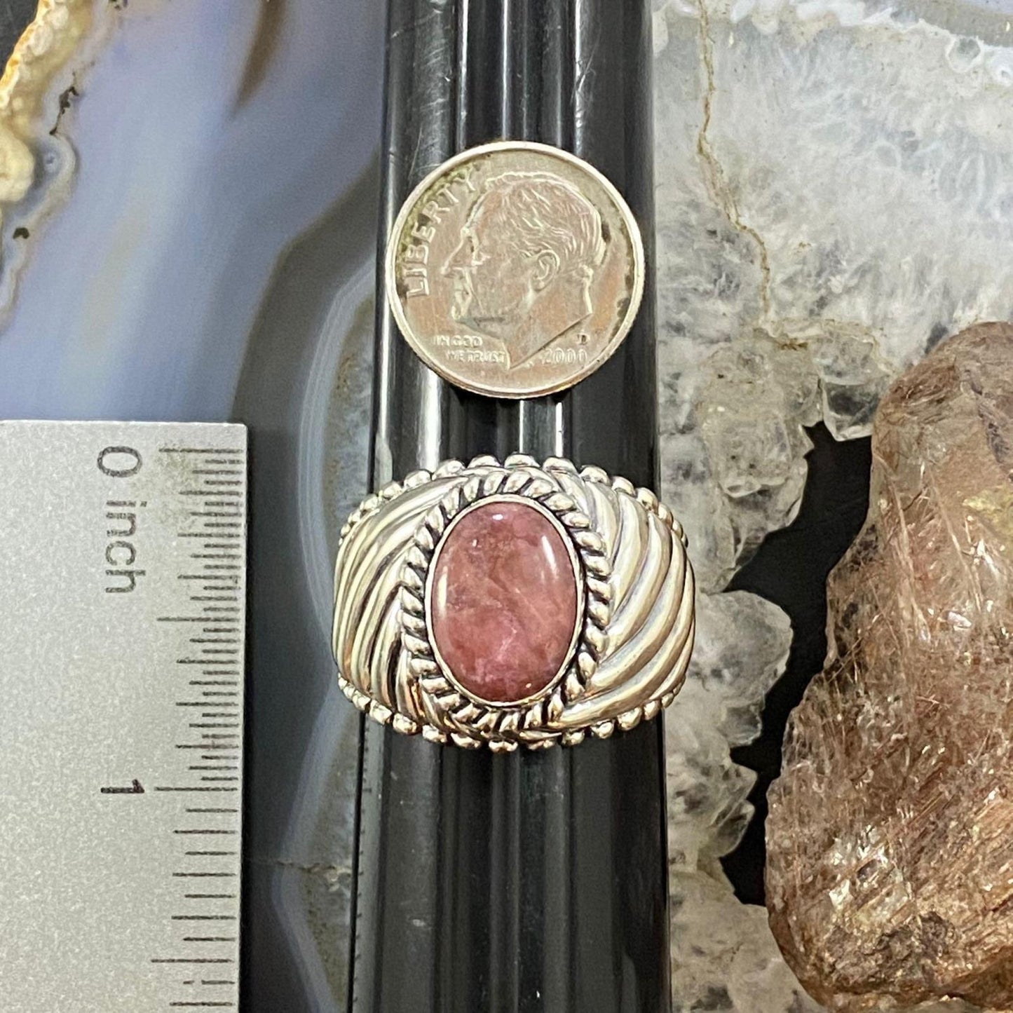 Carolyn Pollack Southwestern Style Sterling Silver Oval Rhodonite Decorated Unisex Ring Sizes 8 &12 For Women
