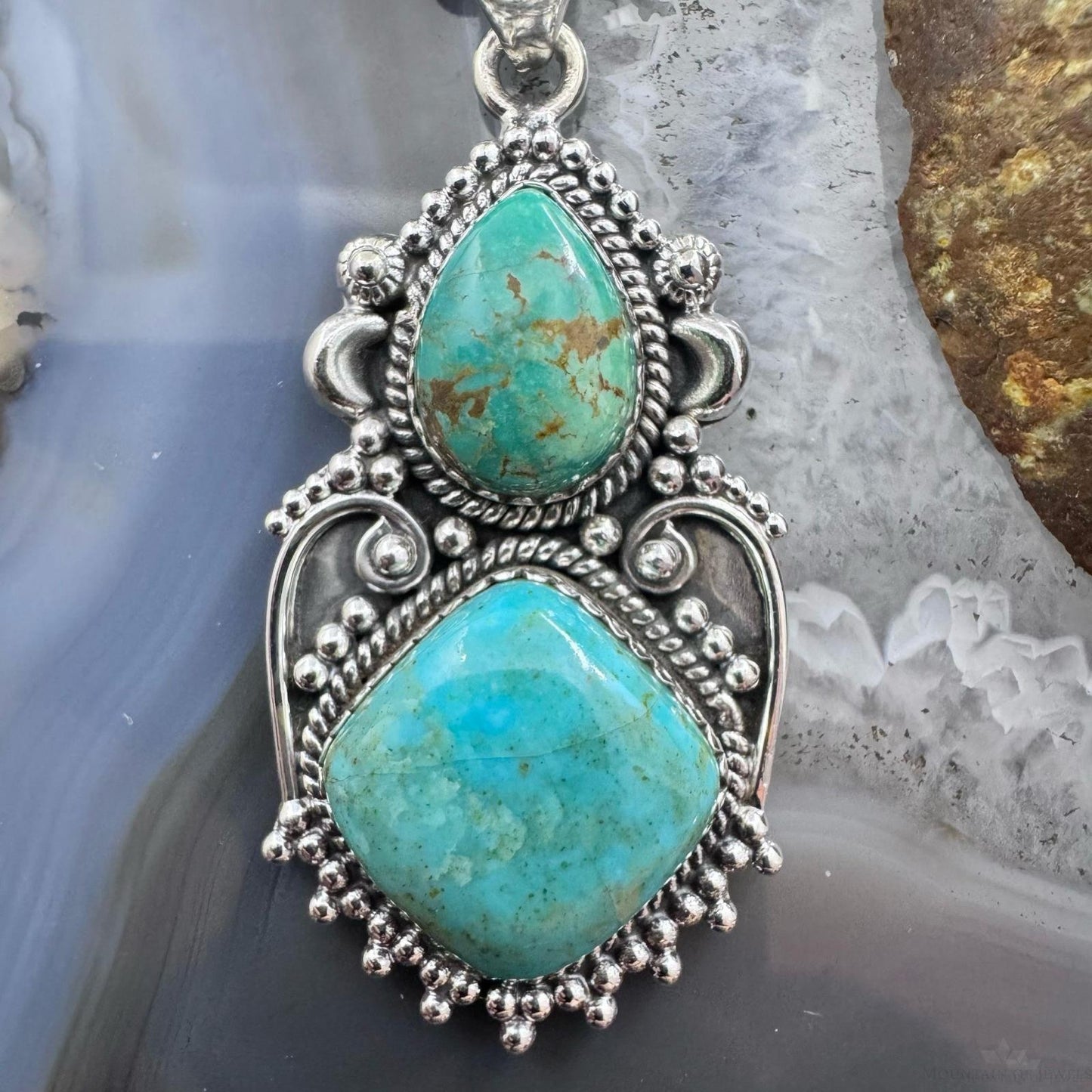 Sterling Silver Southwestern Style 2 Turquoise Decorated Large Pendant For Women