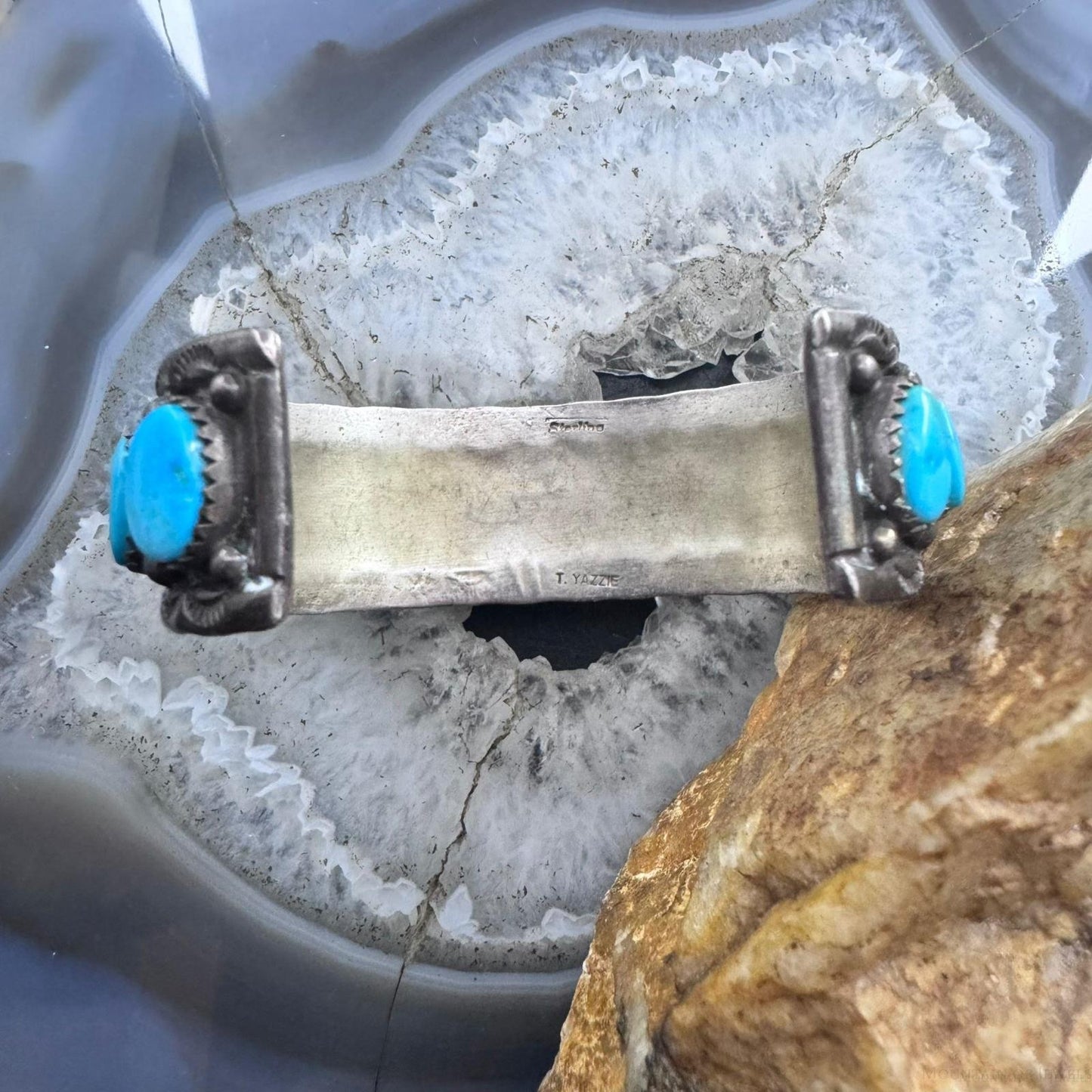 Tim Yazzie Vintage Native American Sterling Silver Turquoise Row Bracelet For Women