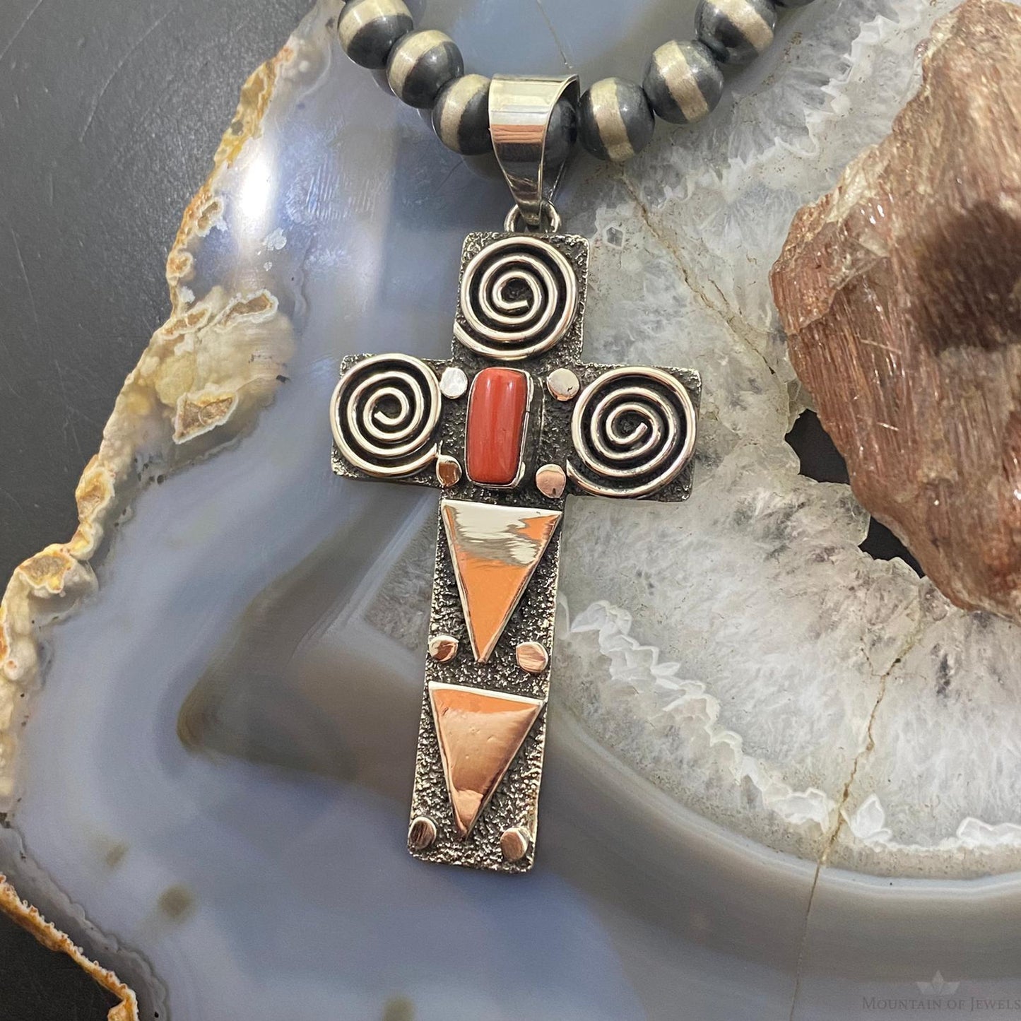 Alex Sanchez Native American Sterling Coral Petroglyph Cross Uni Pendant #4