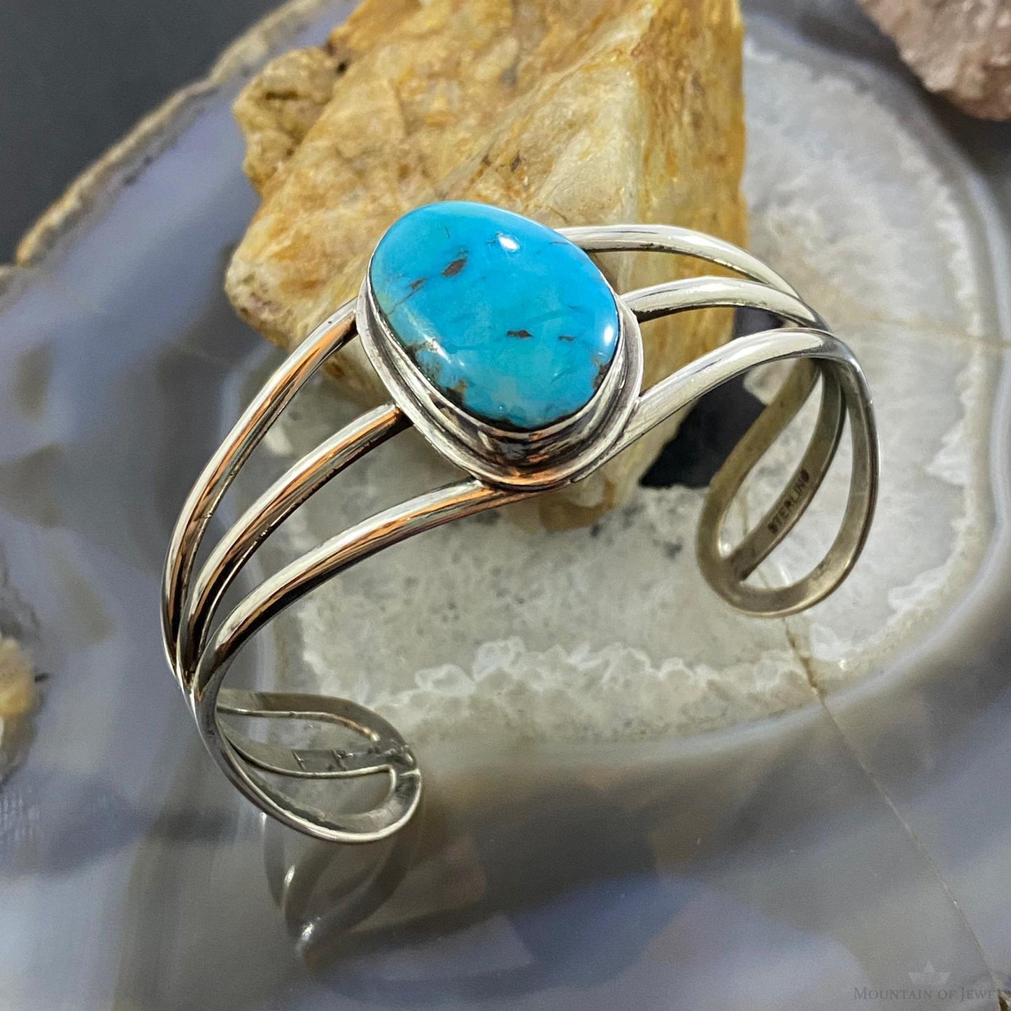 Vintage Signed Native American Sterling Silver Turquoise Split Shank Bracelet For Women