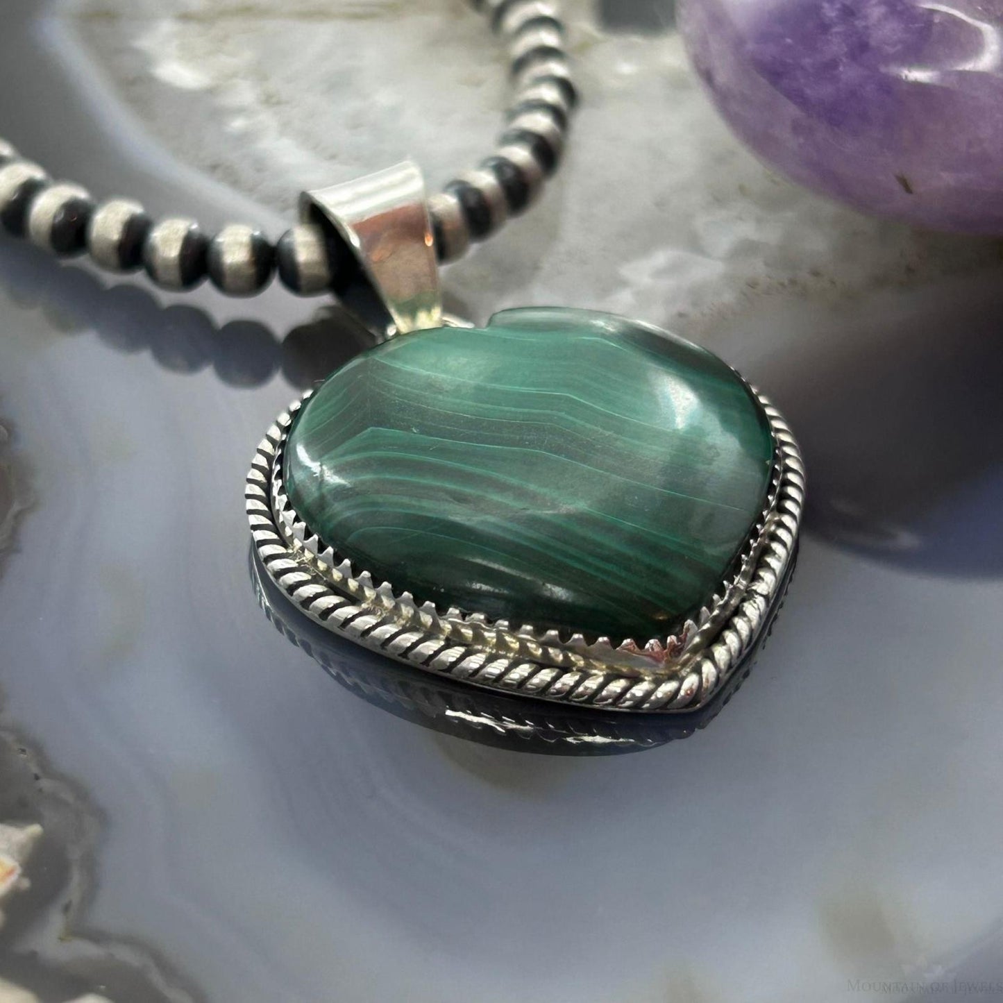 Sterling Silver Southwestern Style Malachite Heart Pendant For Women #1