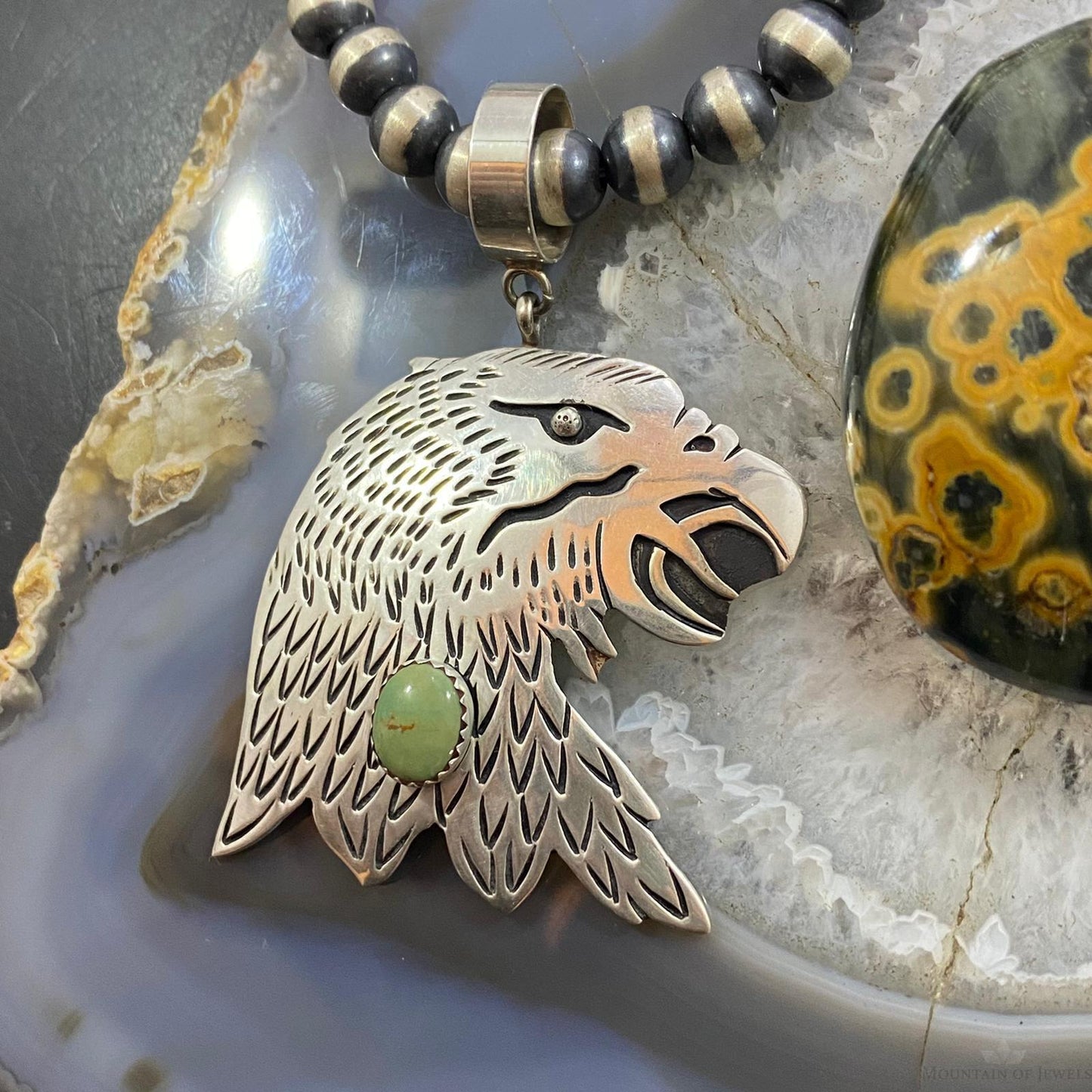 Tommy & Rosita Singer Sterling Silver Green Turquoise Overlay Eagle Pendant