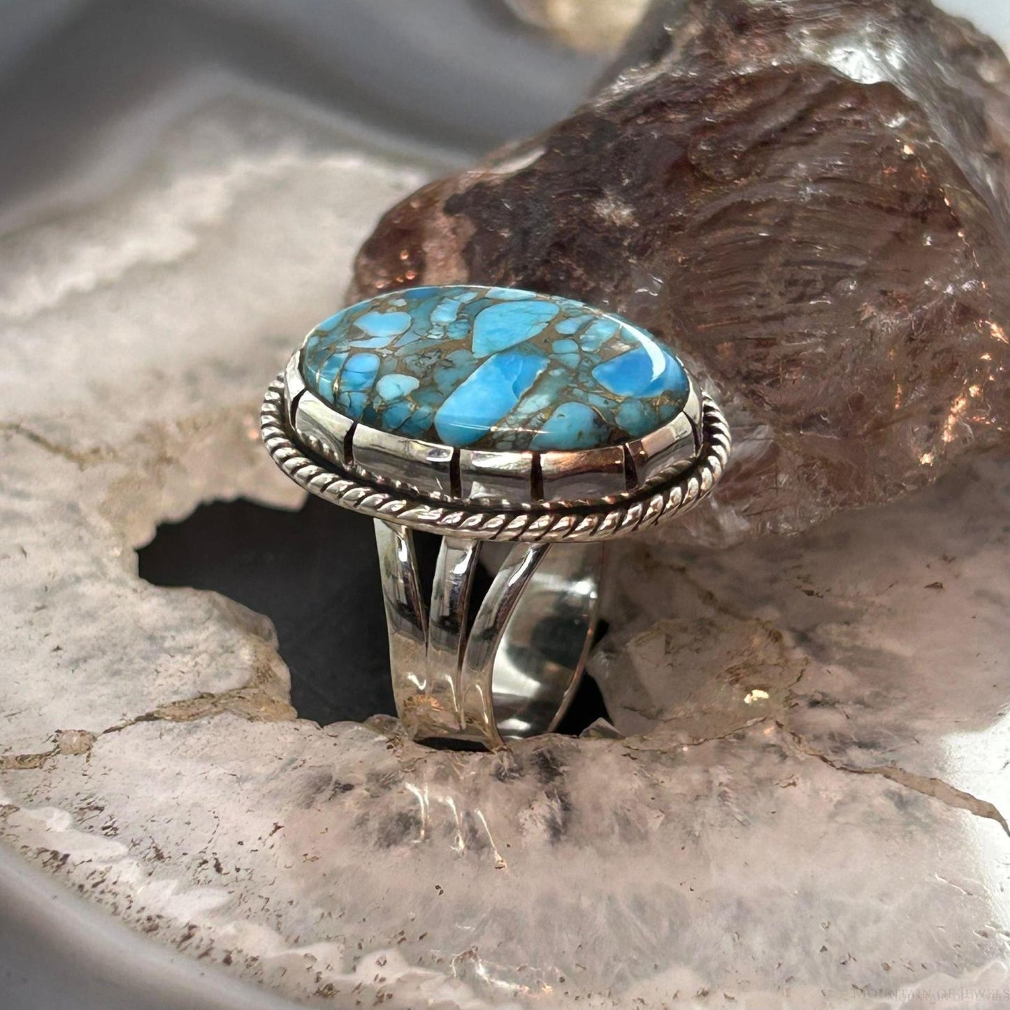 Sterling Silver Southwestern Style Oval Blue Copper Turquoise Ring Size 8.5 For Women