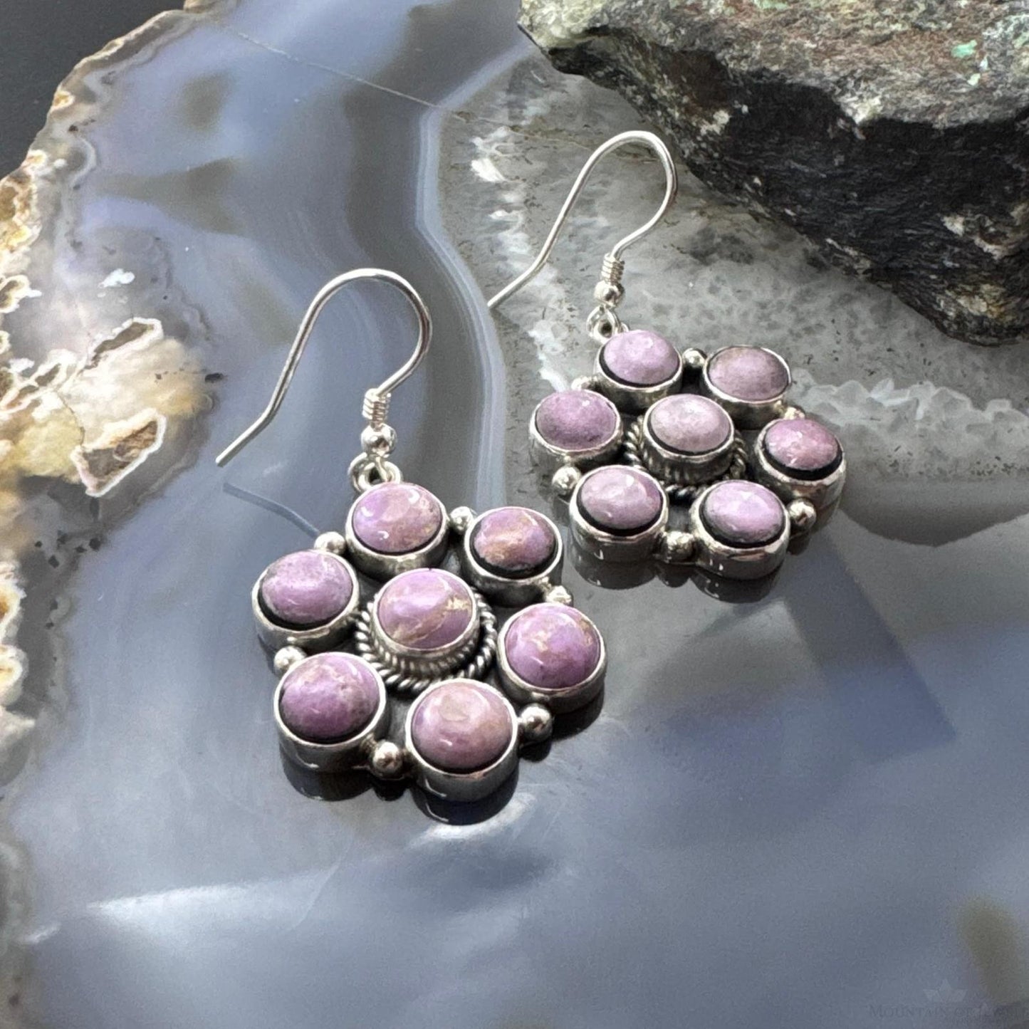 Native American Sterling Silver Phosphosiderite Cluster Dangle Earrings For Women