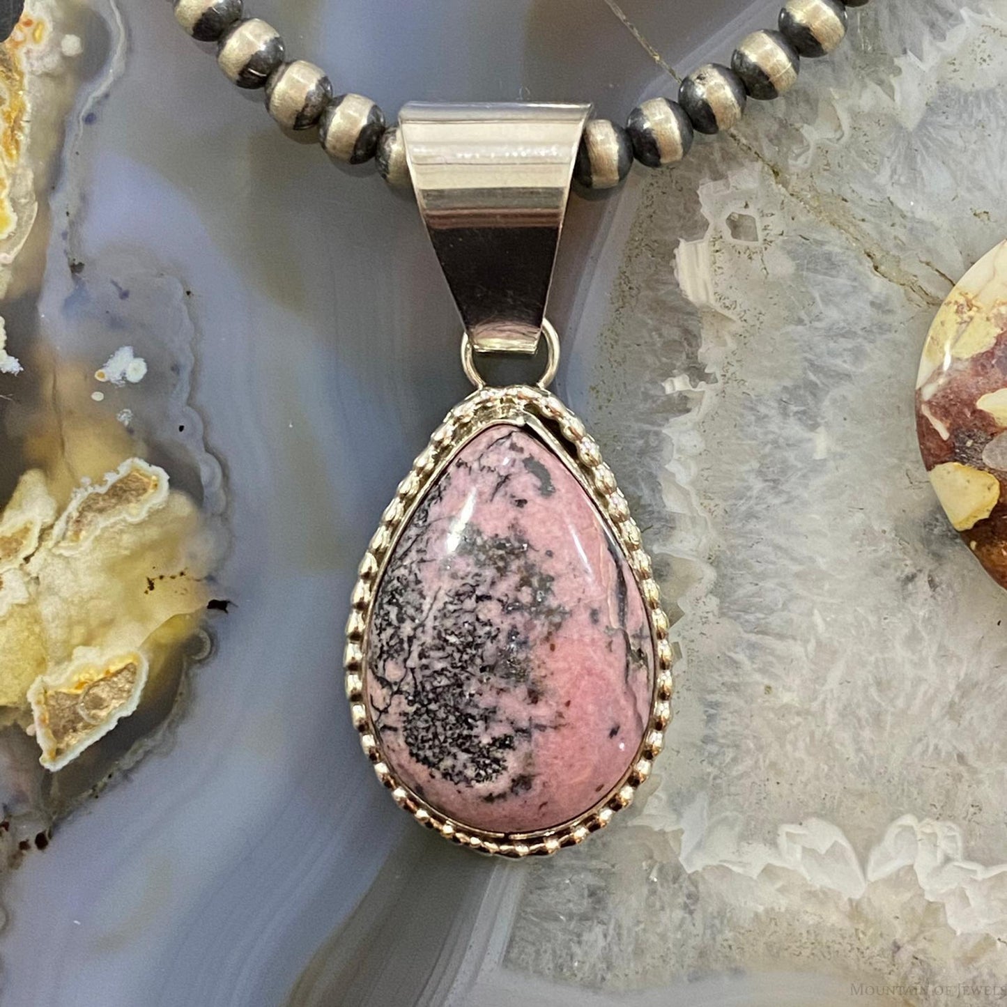 Native American Sterling Silver Rhodonite Teardrop Decorated Pendant For Women
