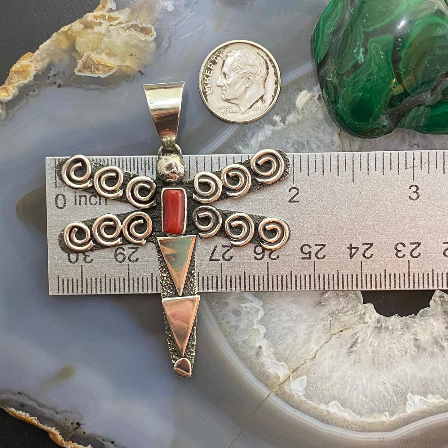 Alex Sanchez Sterling Silver Petroglyph & Coral Dragonfly Unisex Pendant #2