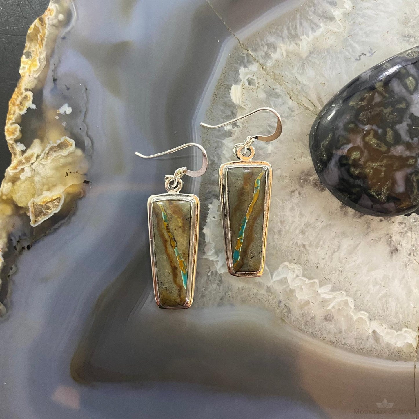 Native American Sterling Trapezoid Boulder Ribbon Turquoise Dangle Earrings #1