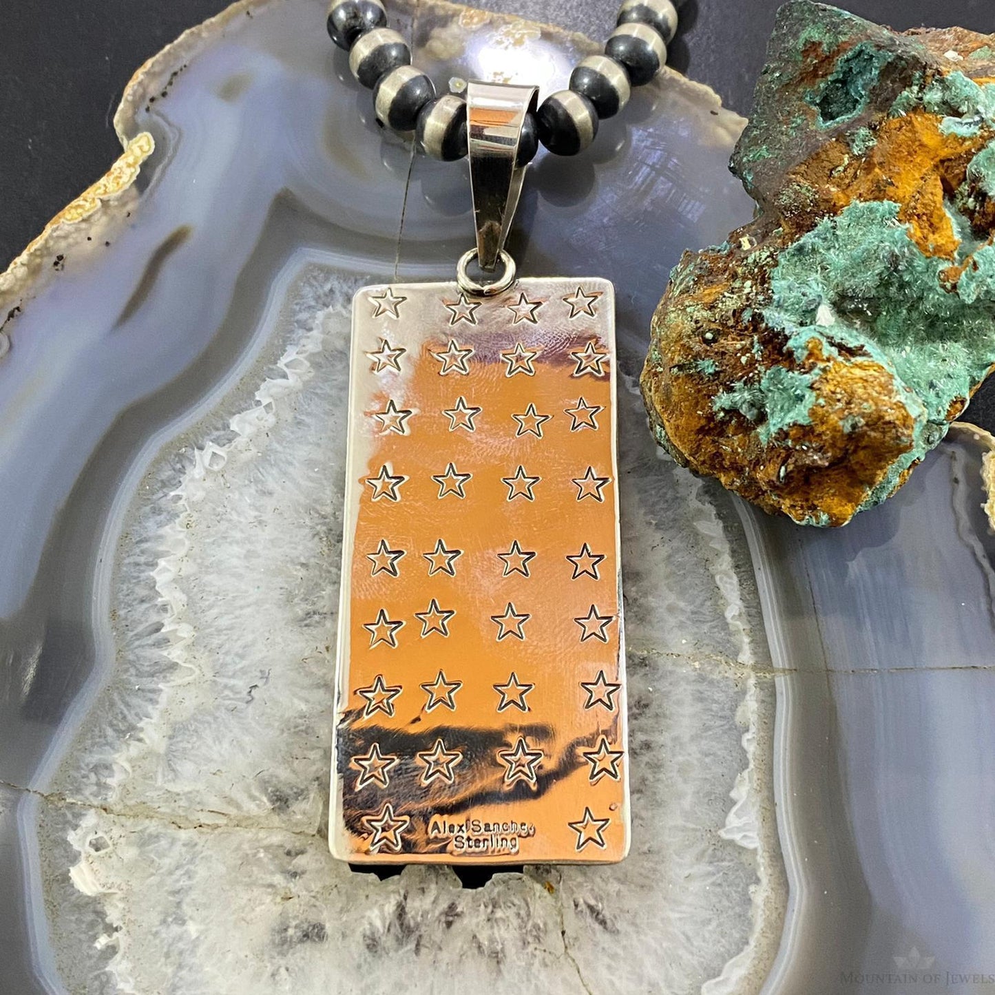 Alex Sanchez Sterling Silver Turquoise Rectangle Petroglyph Unisex Pendant