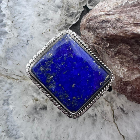 Sterling Silver Southwestern Style Rectangle Lapis Decorated Ring Size 8 For Women