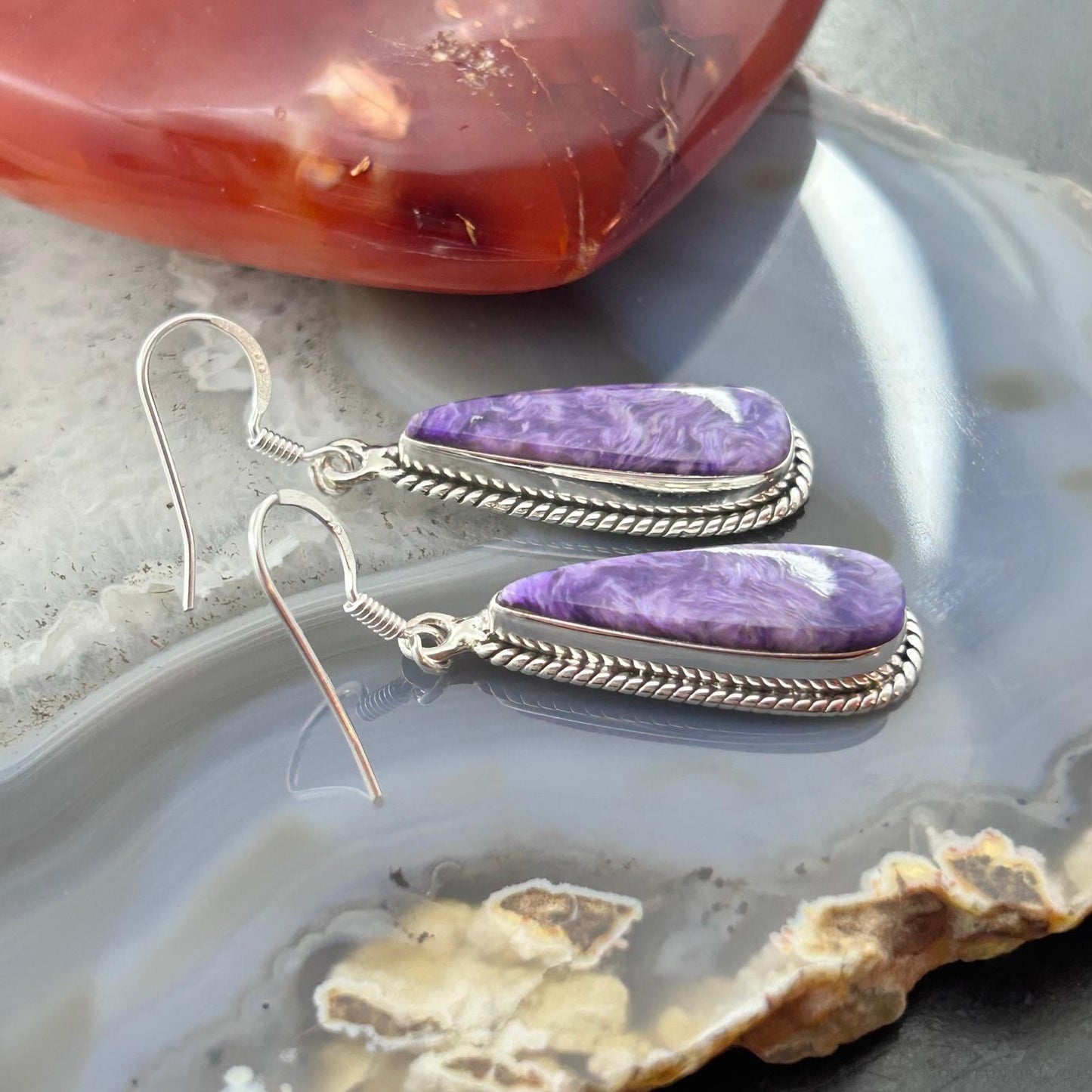 Sterling Silver Southwestern Style Teardrop Charoite Dangle Earrings For Women
