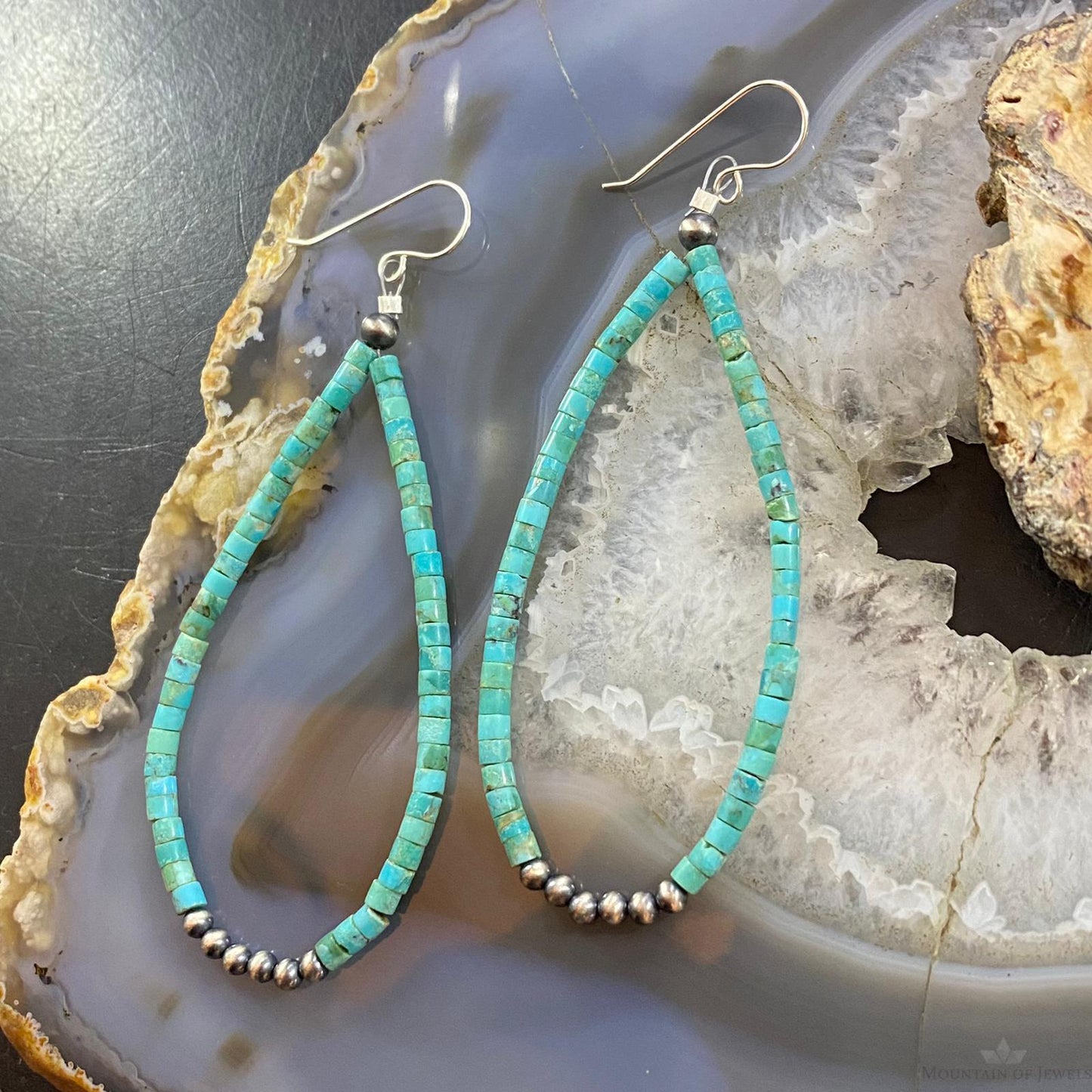 Navajo Pearl Beads & Turquoise Beads 3 mm Sterling Dangle Earrings For Women