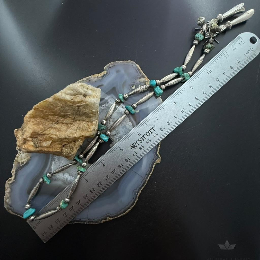 Vintage Native American Silver Navajo Pearl Bead & Turquoise Necklace For Women