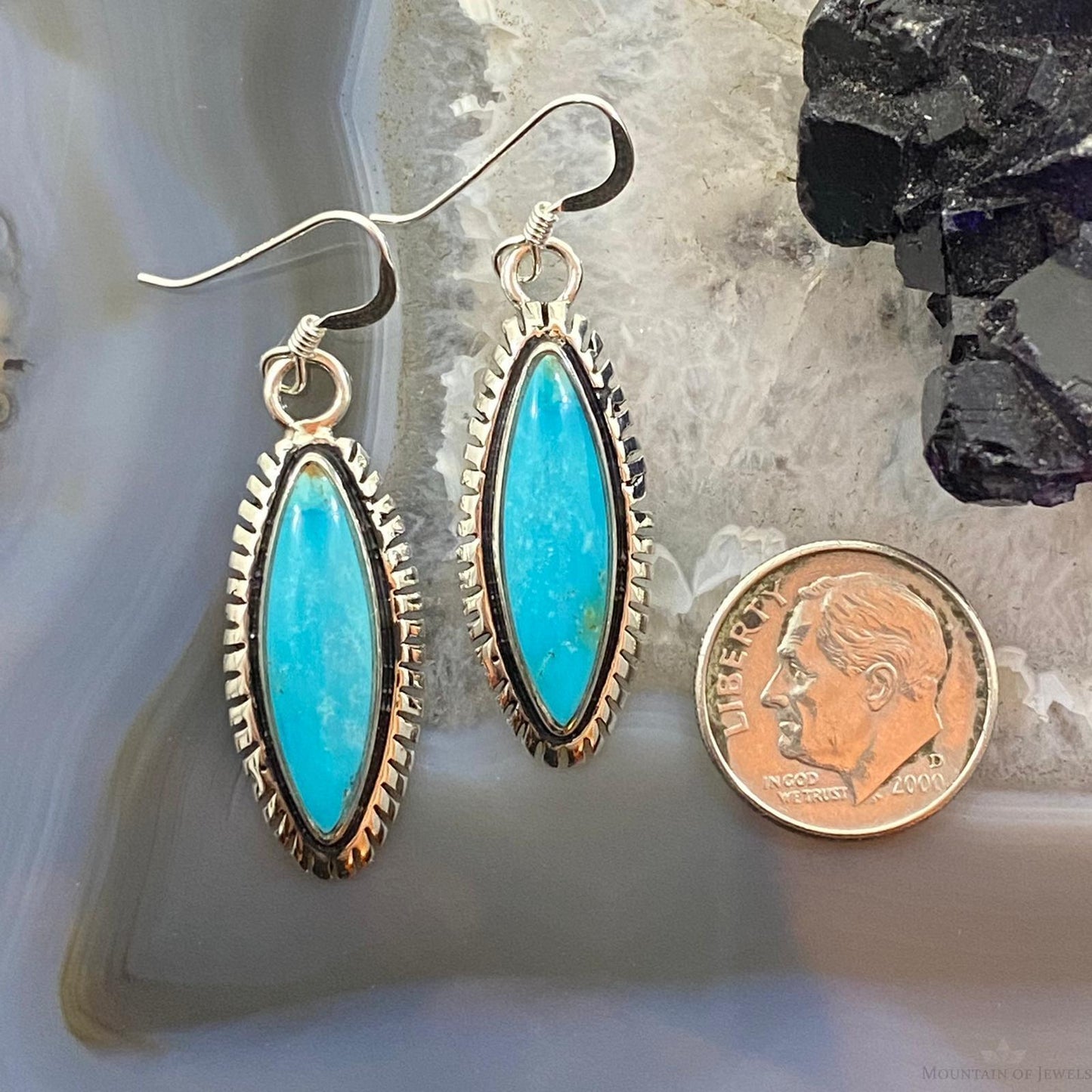 Native American Sterling Silver Marquise Blue Ridge Turquoise Dangle Earrings