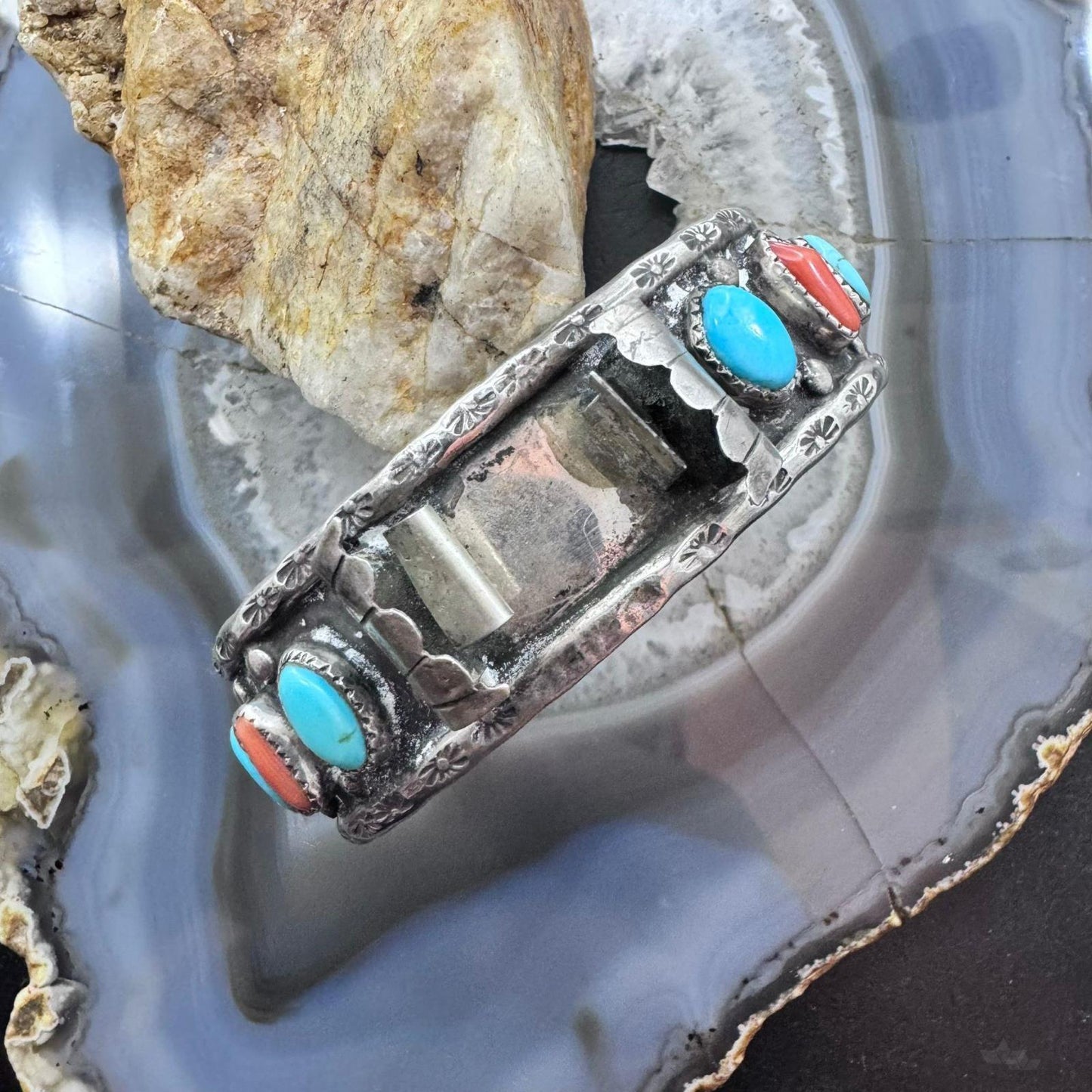 Vintage Signed Sterling Kingman Turquoise & Coral Decorated Watch Cuff For Women