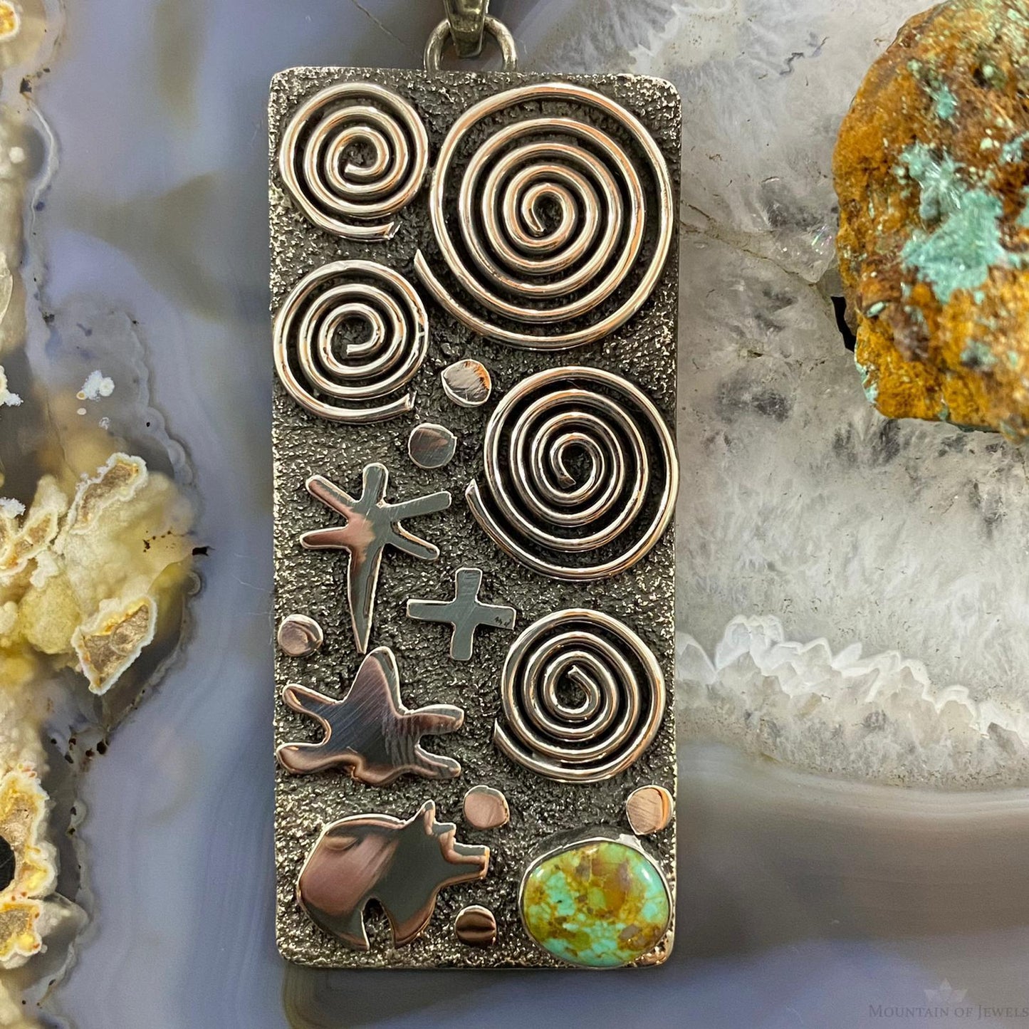 Alex Sanchez Sterling Silver Turquoise Rectangle Petroglyph Unisex Pendant