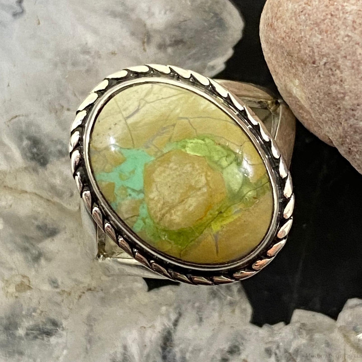 Native American Sterling Silver Oval Ribbon Turquoise Ring Size 6.5 For Women