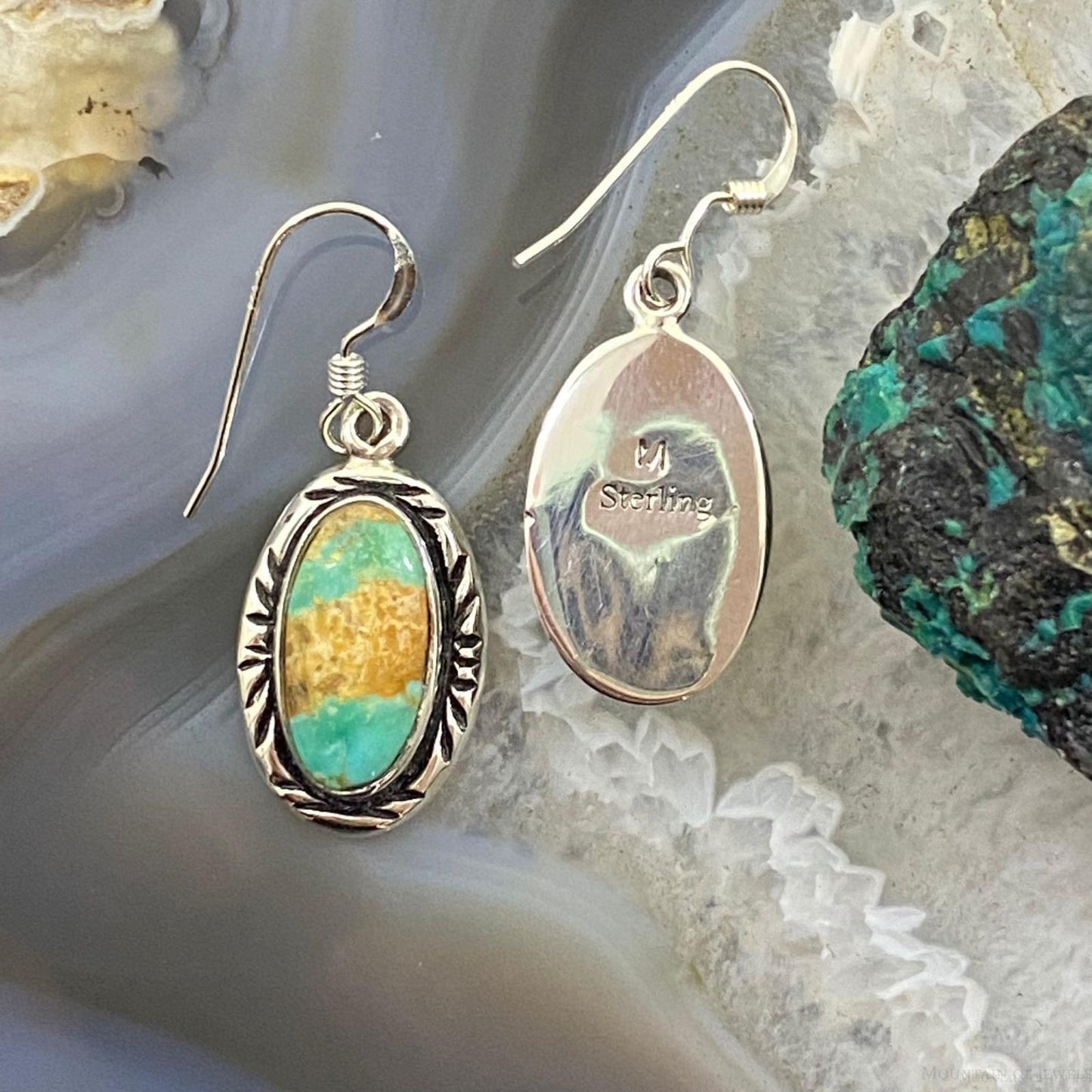 Native American Sterling Silver Oval Ribbon Boulder Turquoise Dangle Earrings