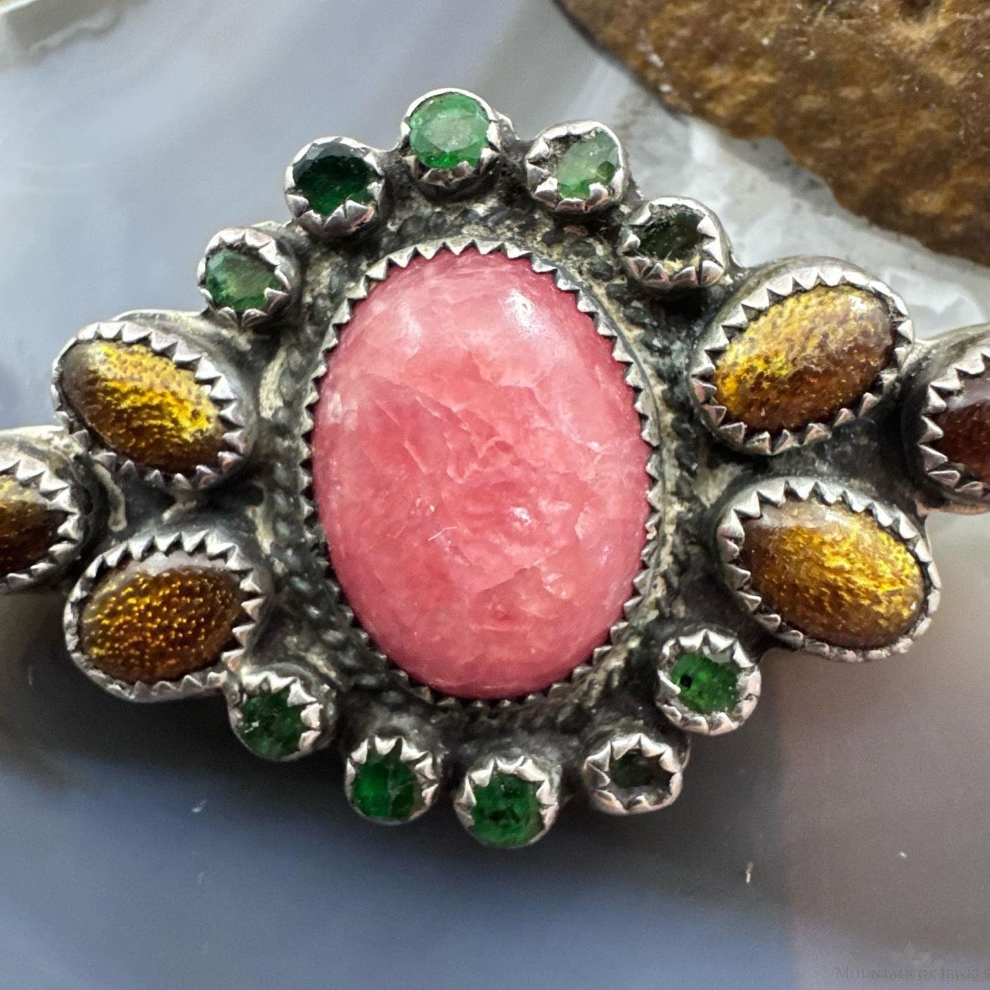 Ron Wesley Vintage Sterling Silver Southwestern Multi Gemstones Brooch For Women