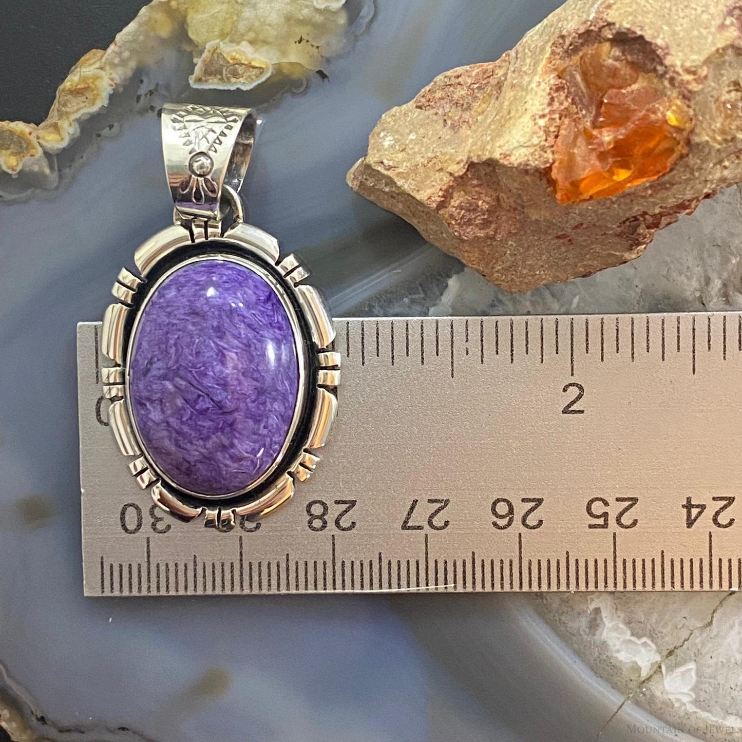 Native American Sterling Silver Oval Charoite Decorated Pendant For Women