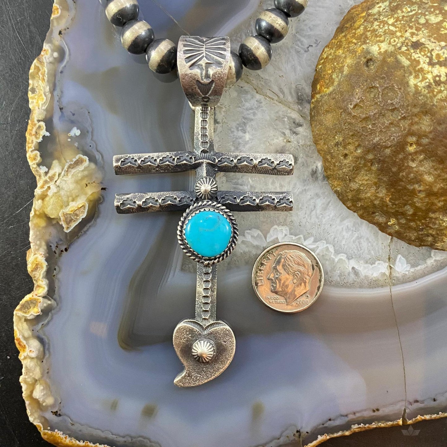 Kevin Billah Native American Sterling Silver Turquoise Native Cross w/Heart Unisex Pendant