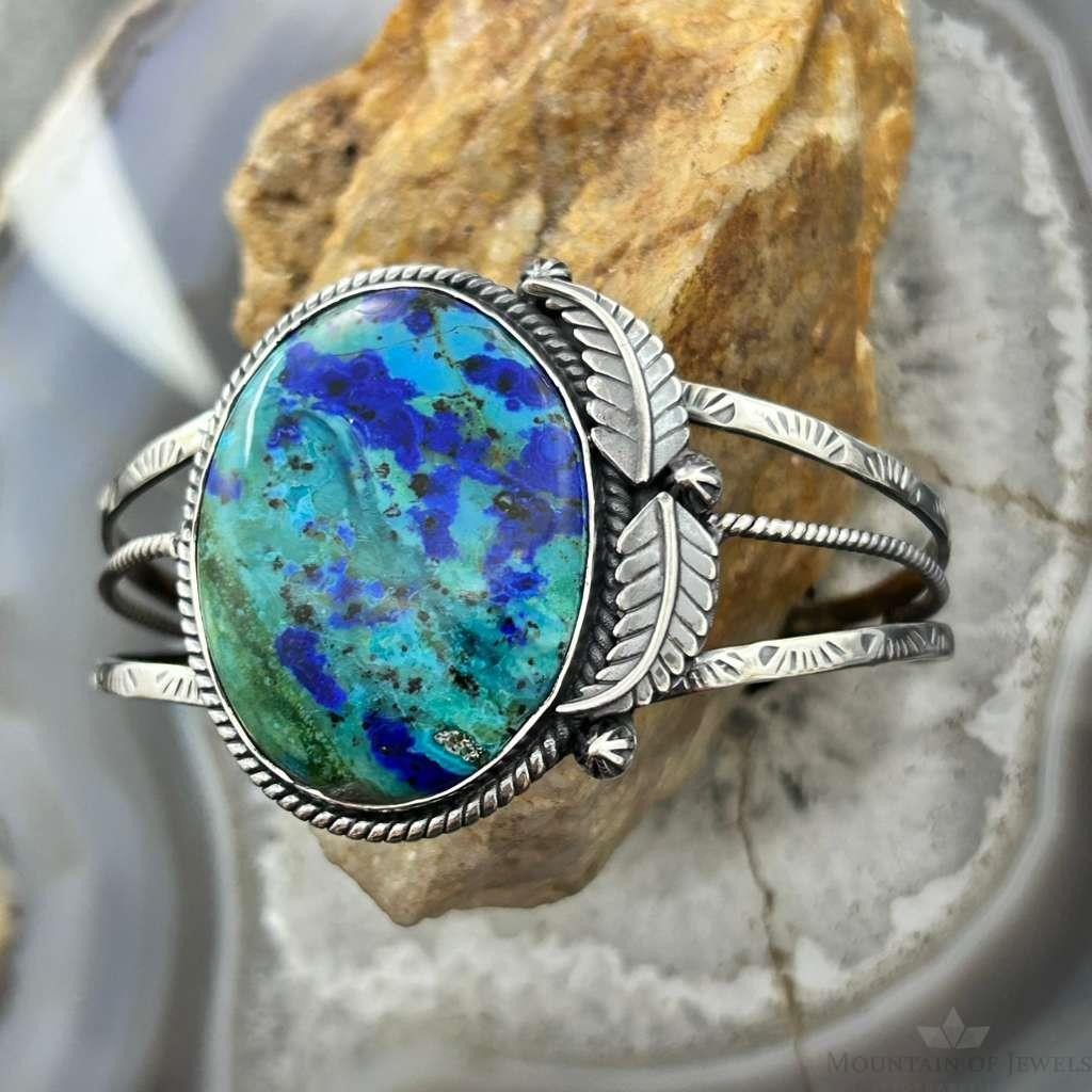 Sterling Silver Southwestern Style Large Oval Azurite Decorated Bracelet For Women