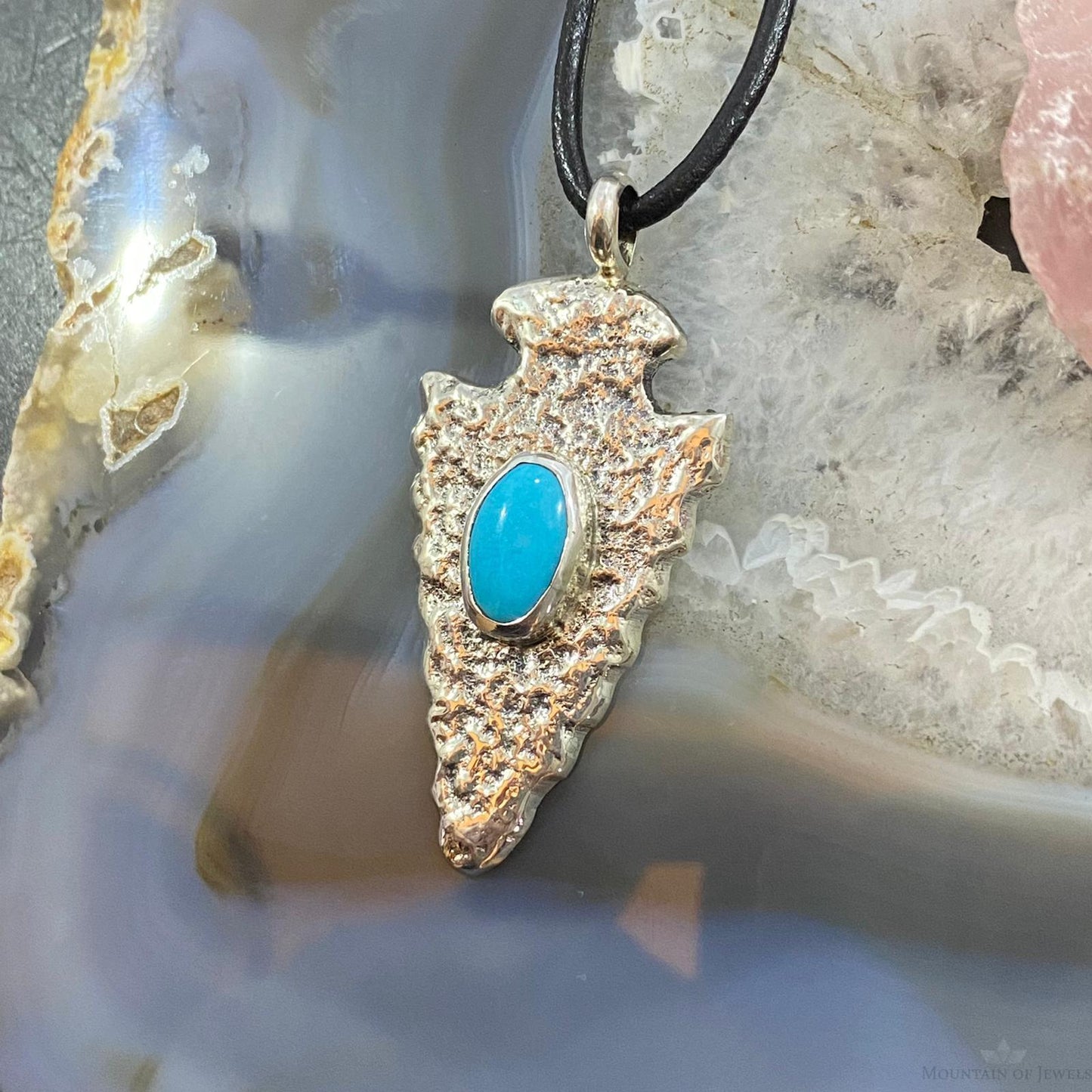 Gary Custer Navajo Sterling Silver Tufa Cast Turquoise Arrowhead Uni Pendant #3