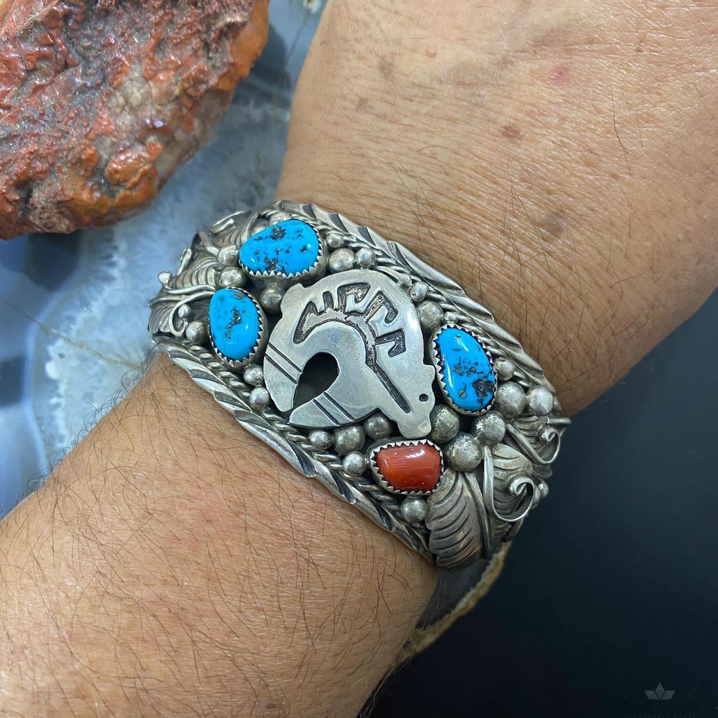 Native American Sterling Silver Turquoise & Coral Leaf Decorated Bracelet For Men