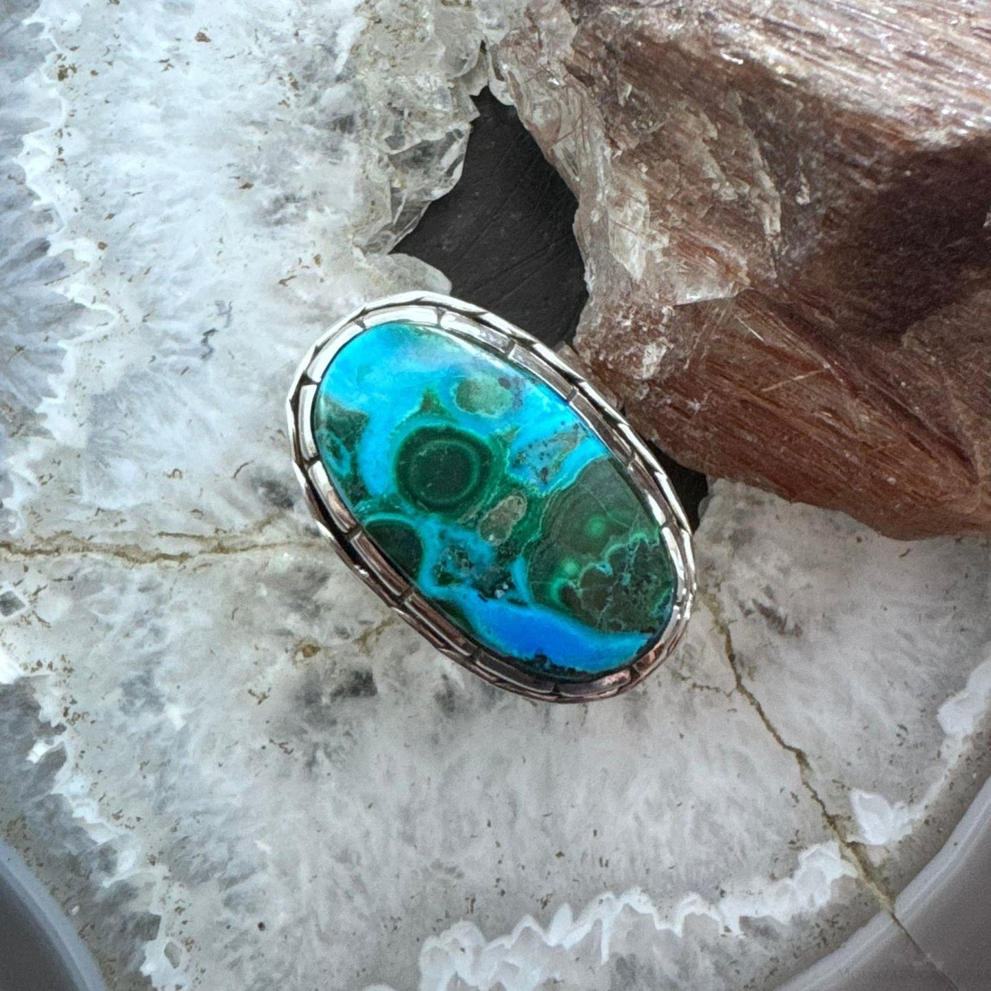Sterling Silver Southwestern Style Elongated Oval Malachite Azurite Ring Size 9.5 For Women