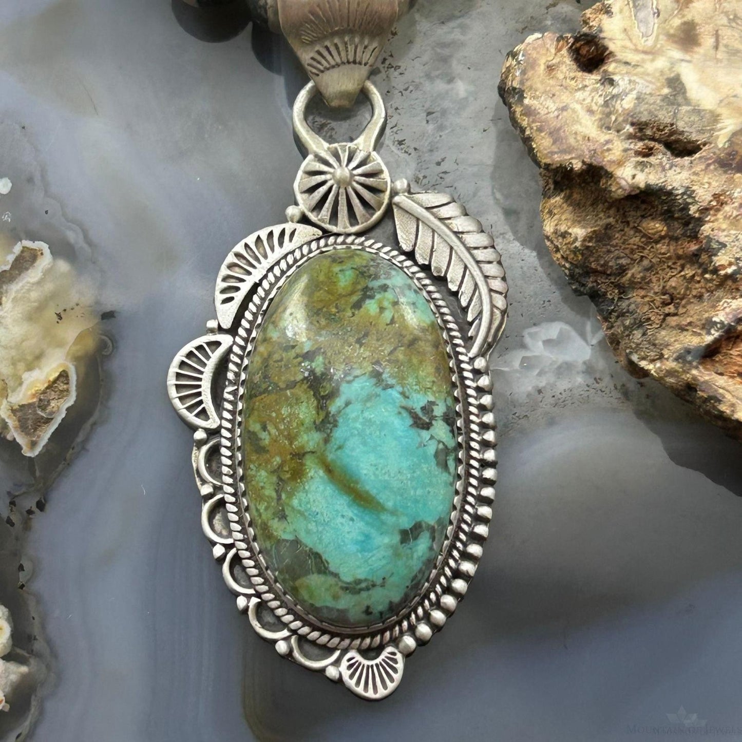 Sterling Silver Southwestern Style Oval Turquoise Decorated Pendant For Woman