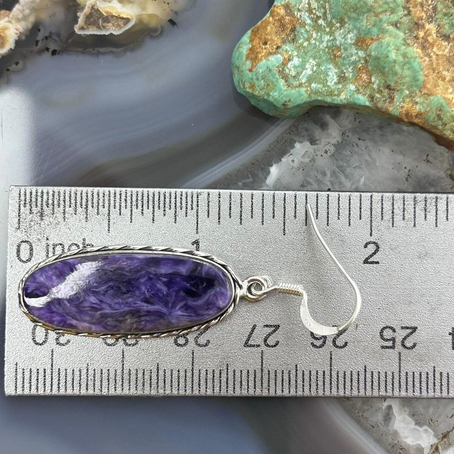 Sterling Silver Southwestern Style Oval Charoite Dangle Earrings For Women