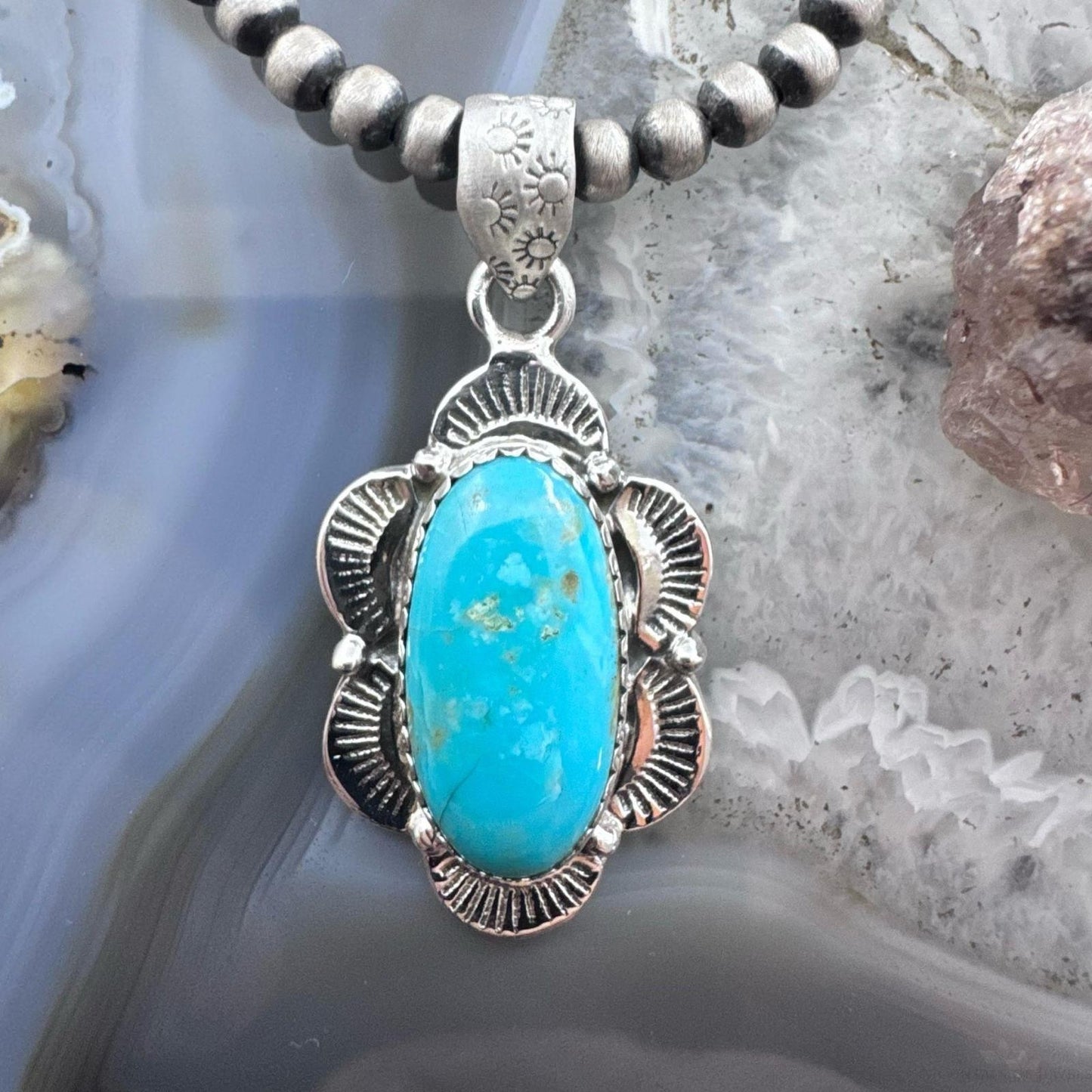 Sterling Silver Southwestern Style Oval Turquoise Decorated Pendant For Women #1