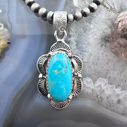 Sterling Silver Southwestern Style Oval Turquoise Decorated Pendant For Women #1