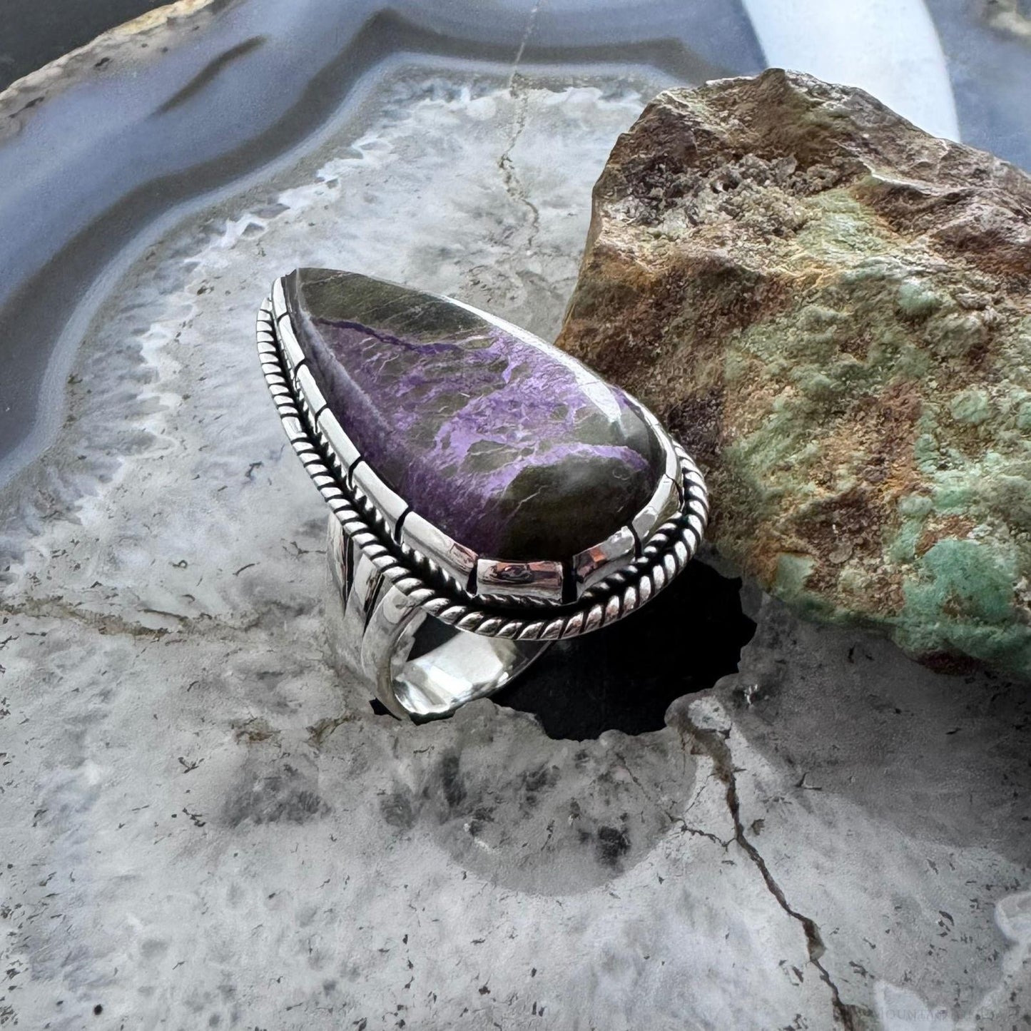 Sterling Southwestern Style Elongated Teardrop Stichtite Ring Size 8.75 For Women