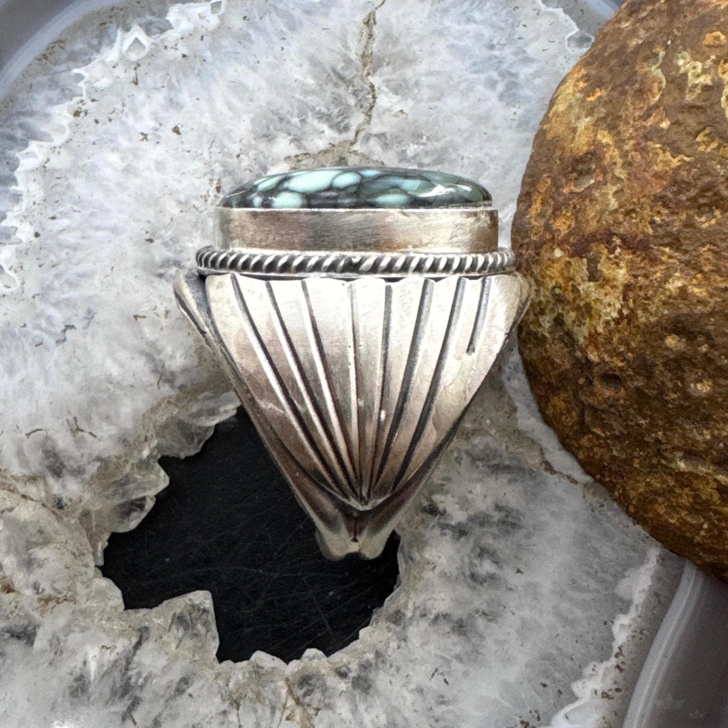 Native American Sterling Silver Oval Lander Turquoise Shield Ring Size 9.5 For Men