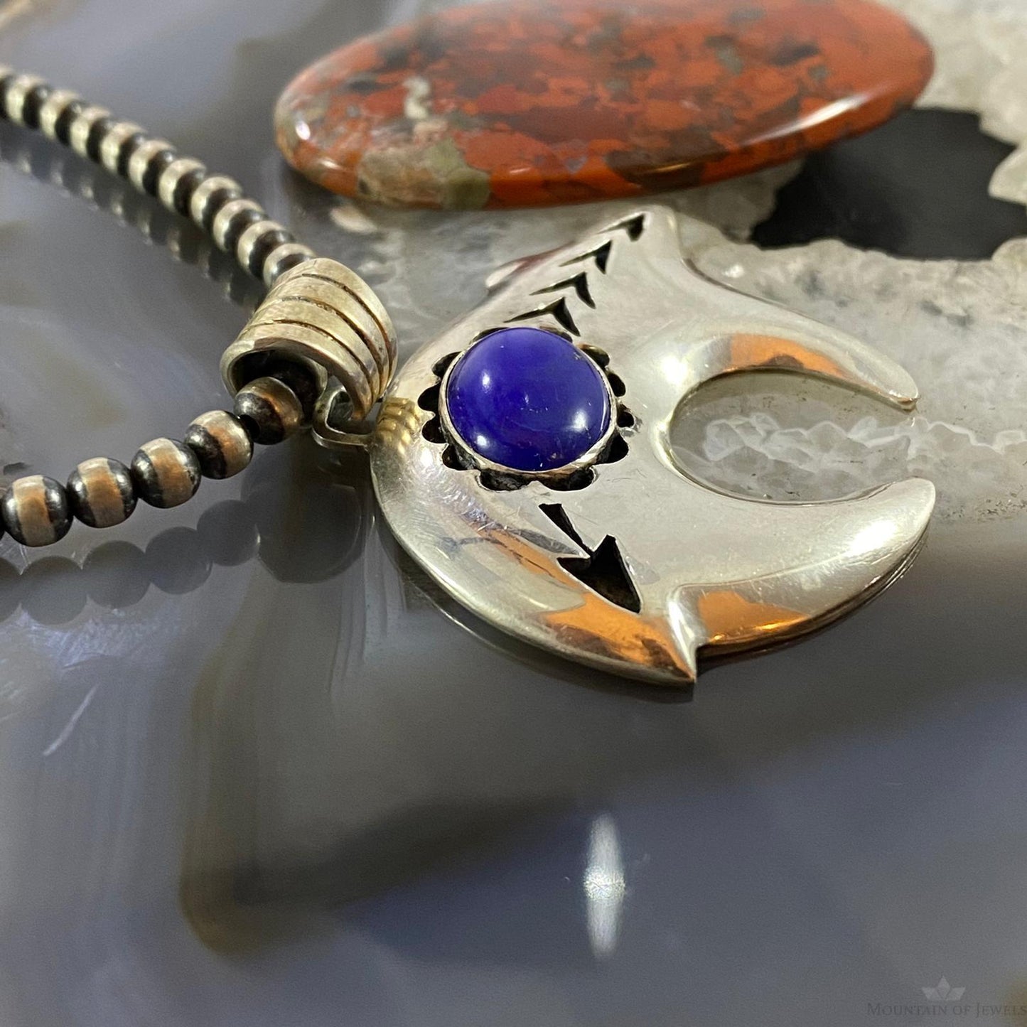 Native American Sterling Silver Fetish Bear with Oval Lapis Pendant For Women