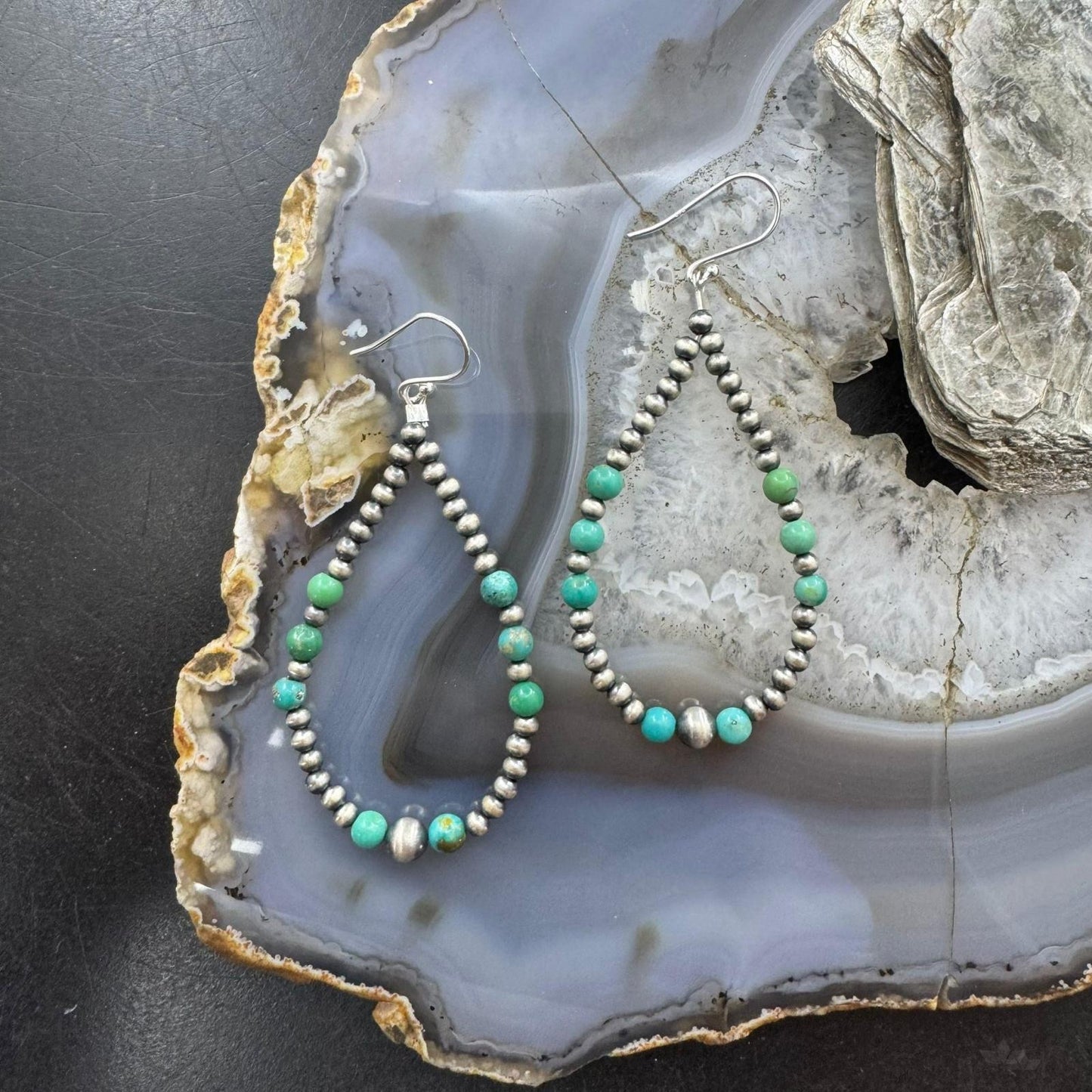 Sterling Silver 3-5mm Navajo Pearl Southwester Style & 4.5mm Turquoise Bead Hoop Earrings For Women