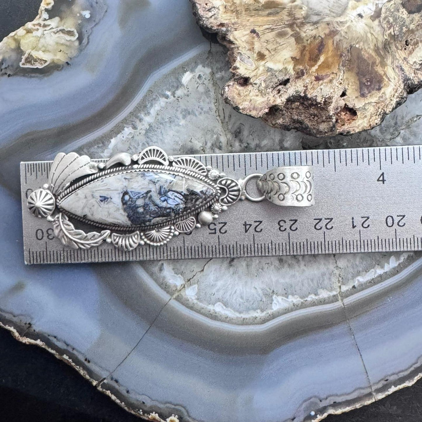Sterling Silver Southwestern Style Elongated Marquise Dendritic Agate Decorated Pendant For Women