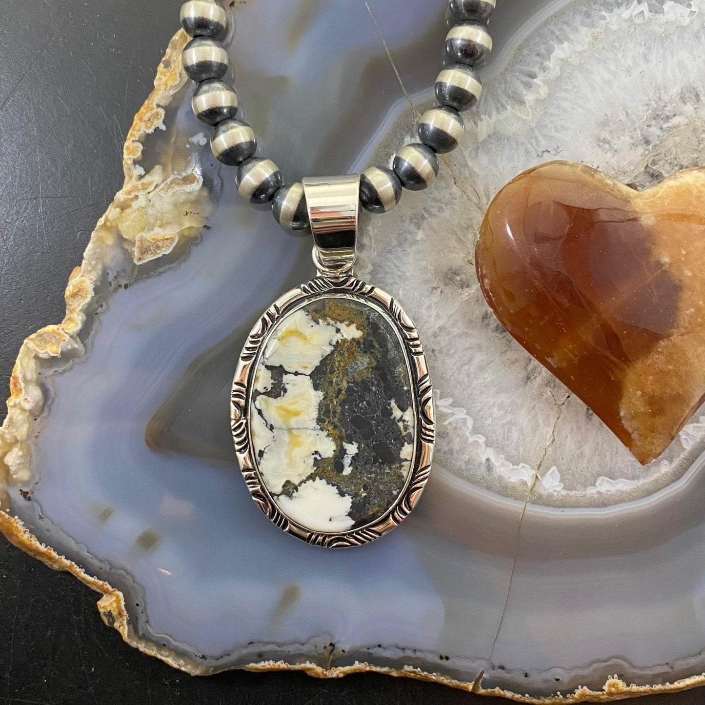 Native American Sterling Silver Oval White Buffalo Unisex Pendant