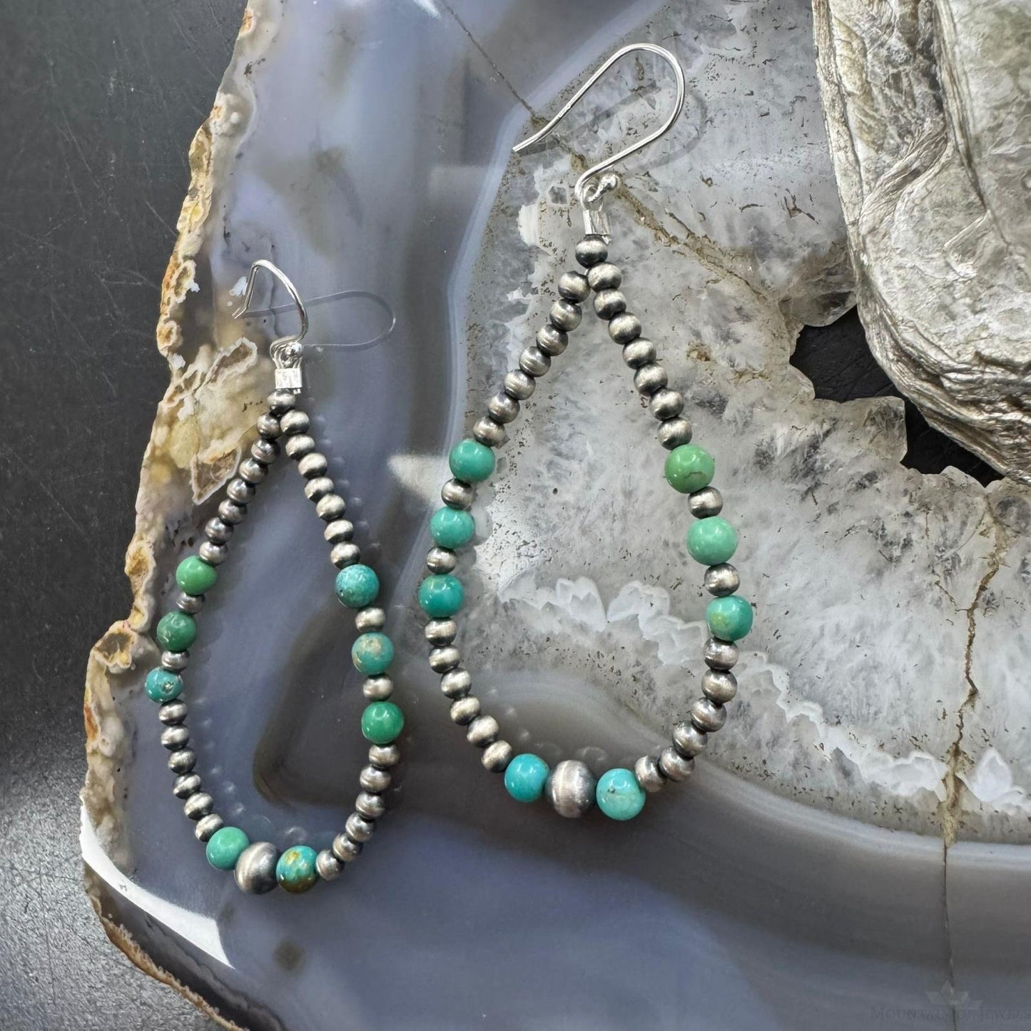 Sterling Silver 3-5mm Navajo Pearl Southwester Style & 4.5mm Turquoise Bead Hoop Earrings For Women