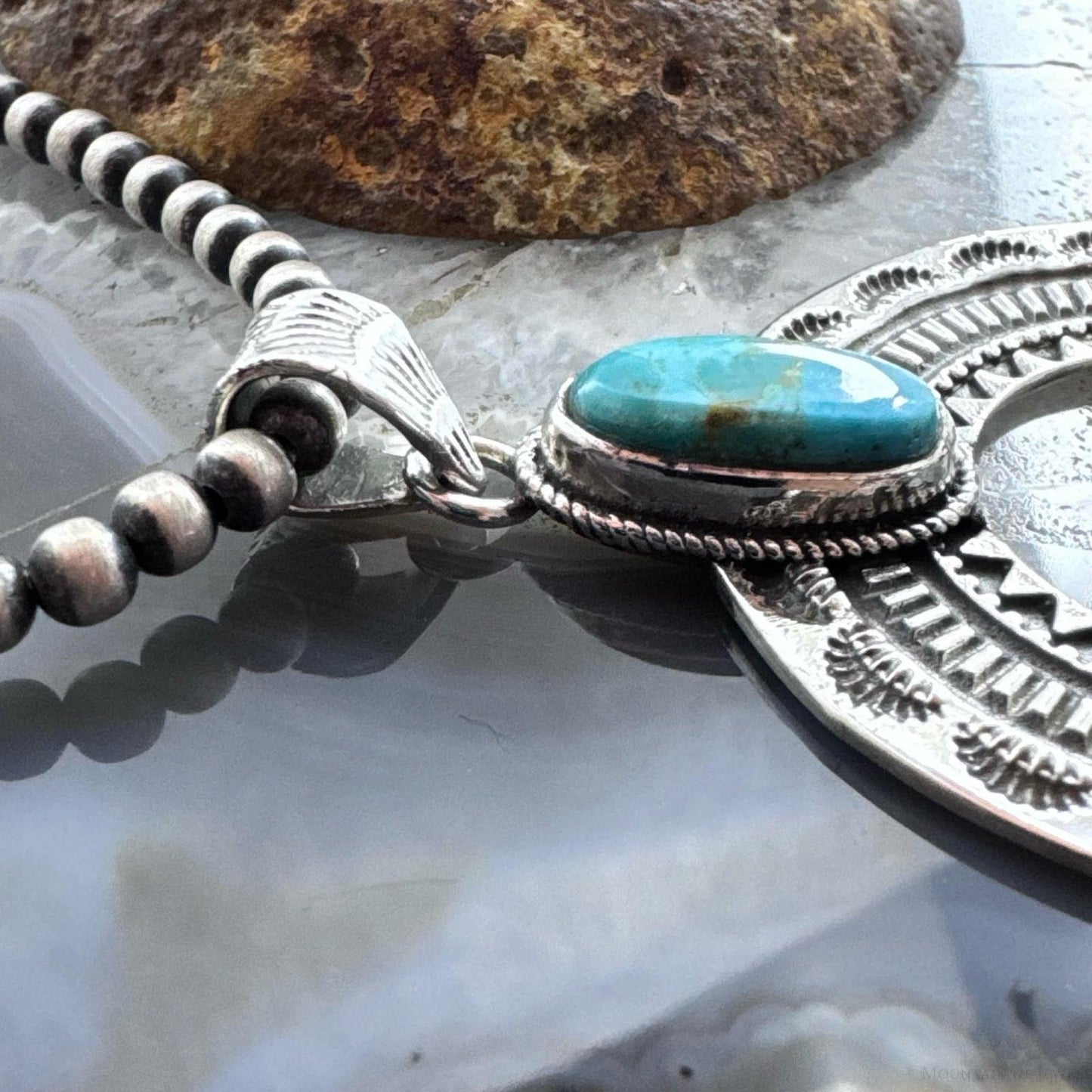 Sterling Silver Southwestern Style Oval Turquoise Decorated Unisex Naja Pendant