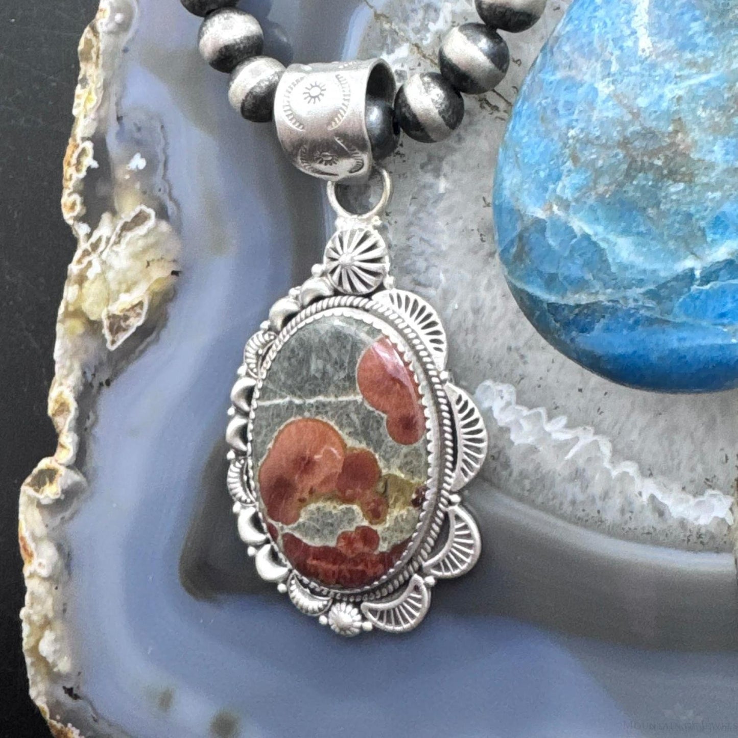 Sterling Silver Southwestern Style Elongated Oval Peanut Obsidian Decorated Pendant For Women