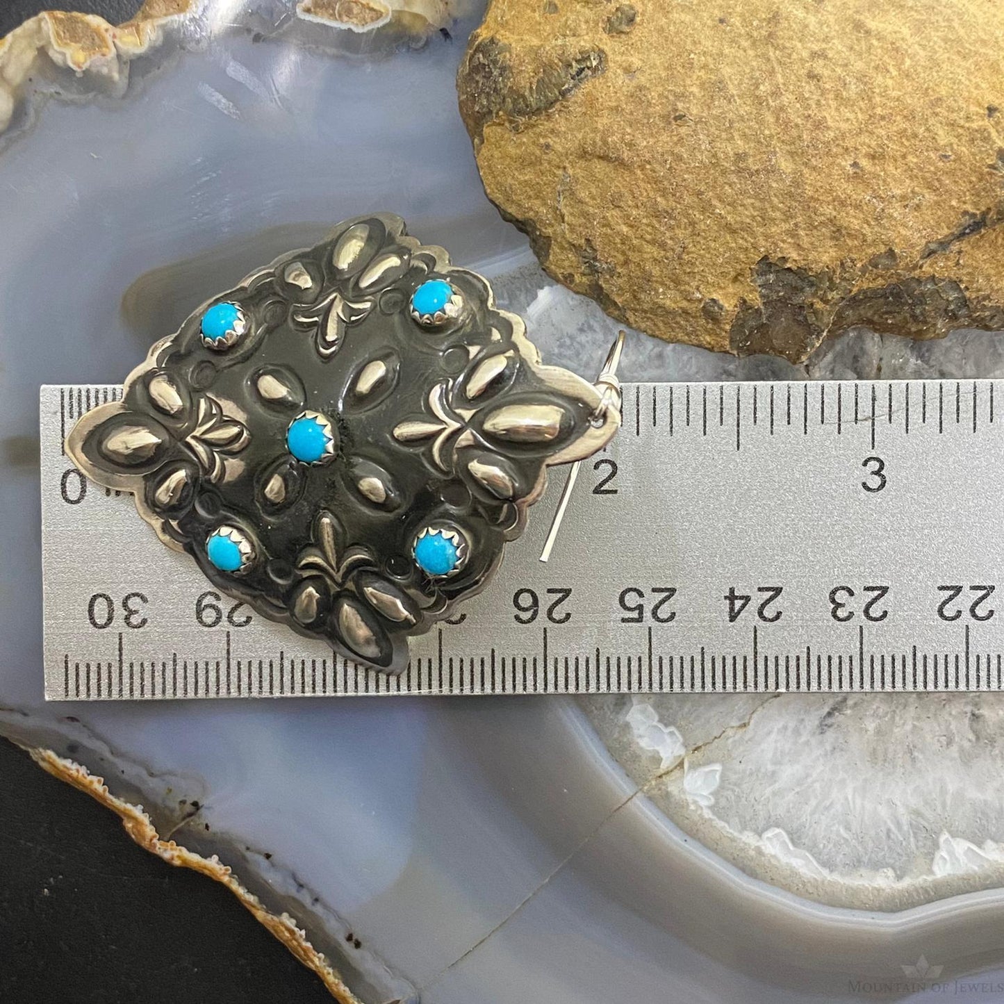 Leander Tahe Sterling Silver Turquoise Floral Repousse Square Concho Earrings
